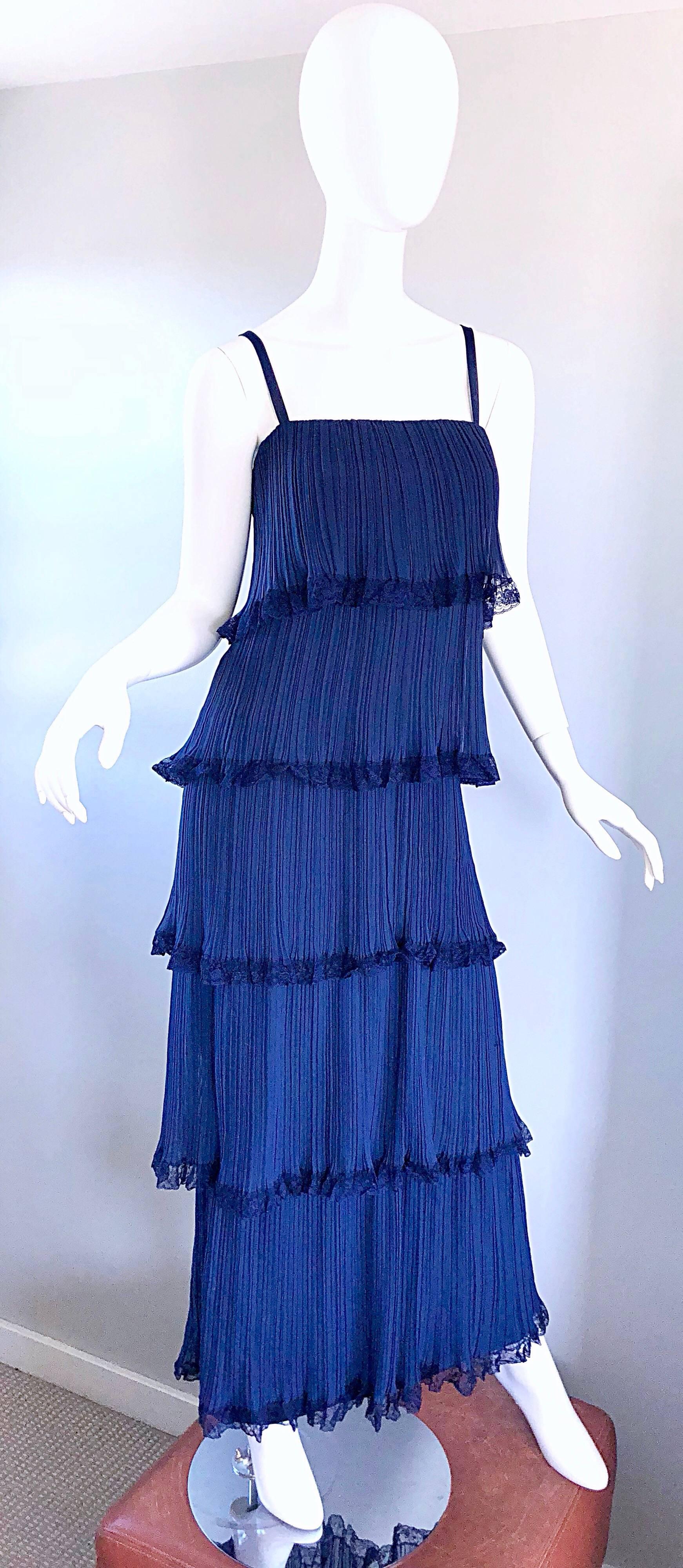 Bob Bugnand 1960s Large Navy Blue Silk Chiffon Tiered 60s Vintage Evening Gown  For Sale 1