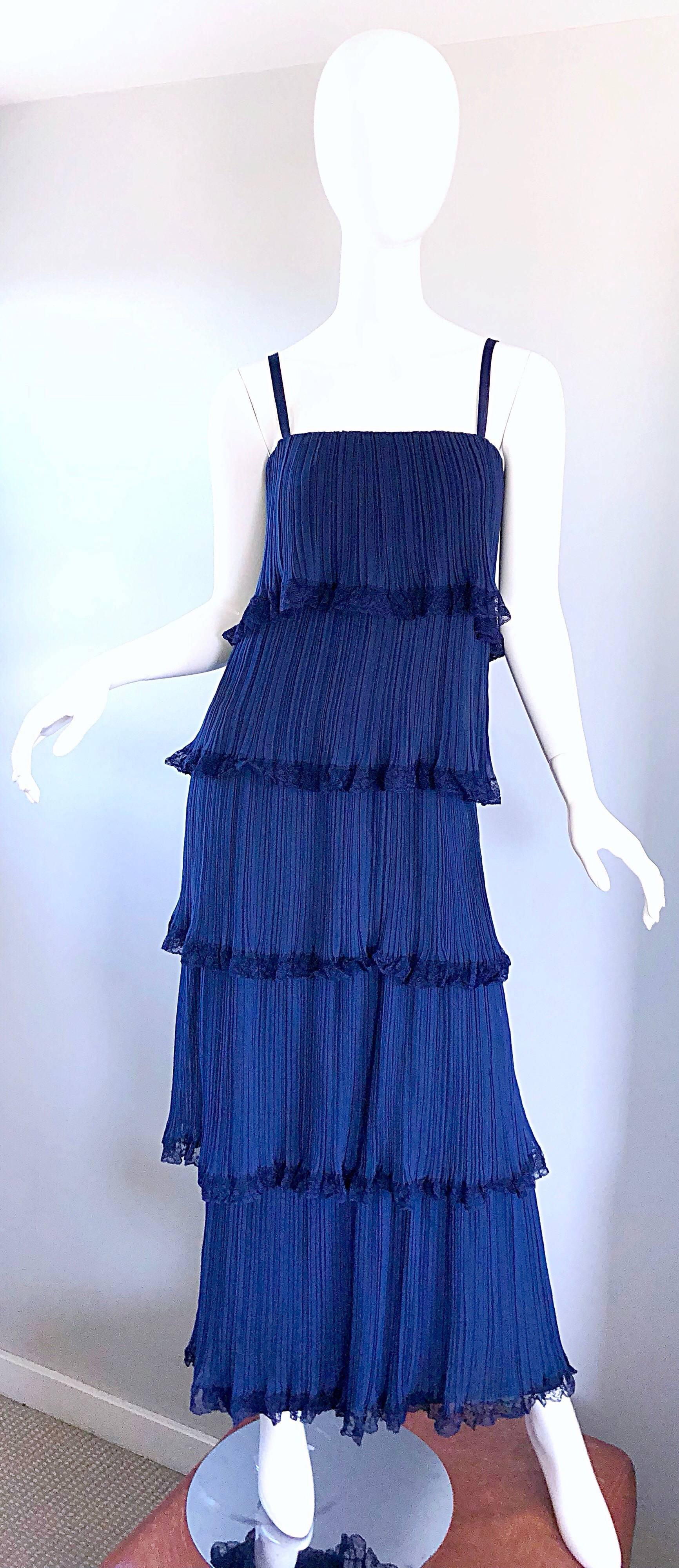Bob Bugnand 1960s Large Navy Blue Silk Chiffon Tiered 60s Vintage Evening Gown  For Sale 2
