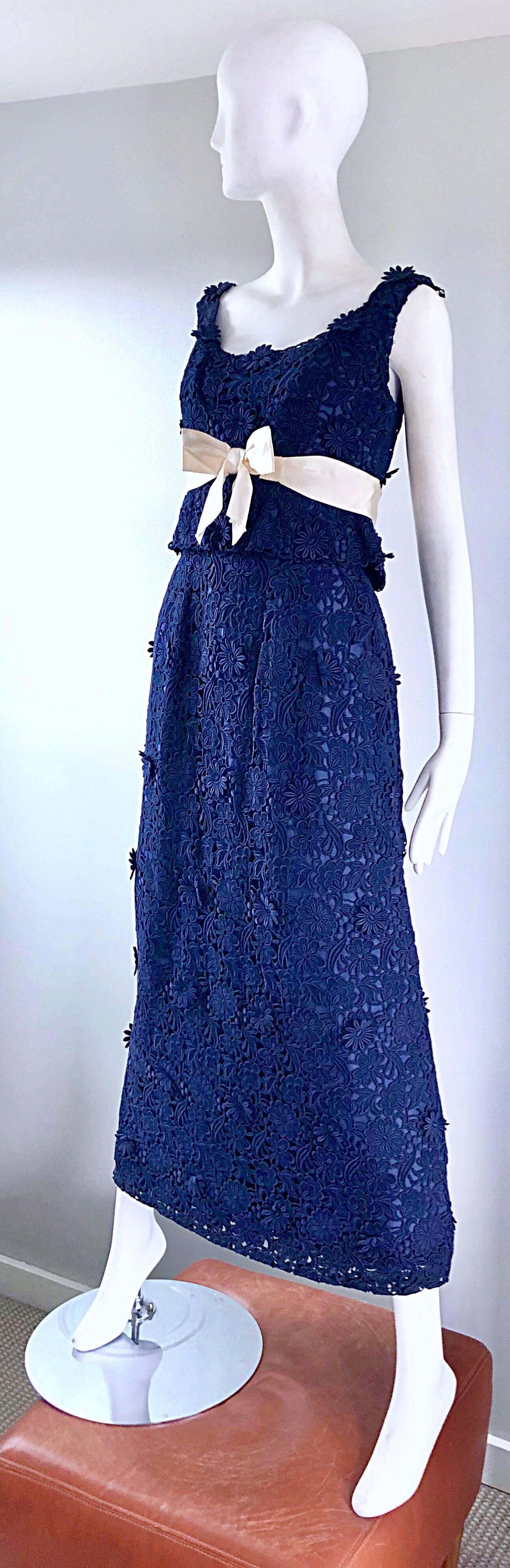 Bob Bugnand Couture 1960s Navy Blue Crochet Lace Vintage 60s Belted Gown For Sale 6