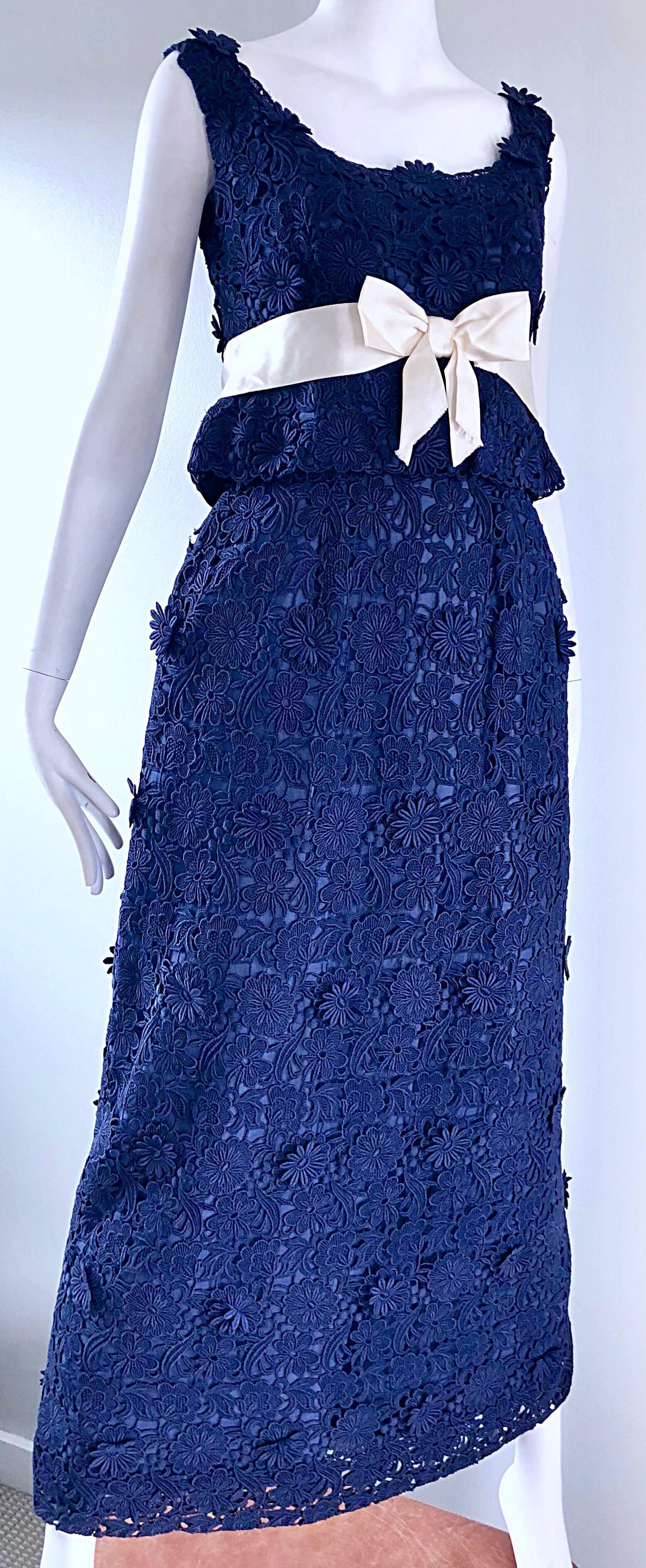 Bob Bugnand Couture 1960s Navy Blue Crochet Lace Vintage 60s Belted Gown For Sale 7