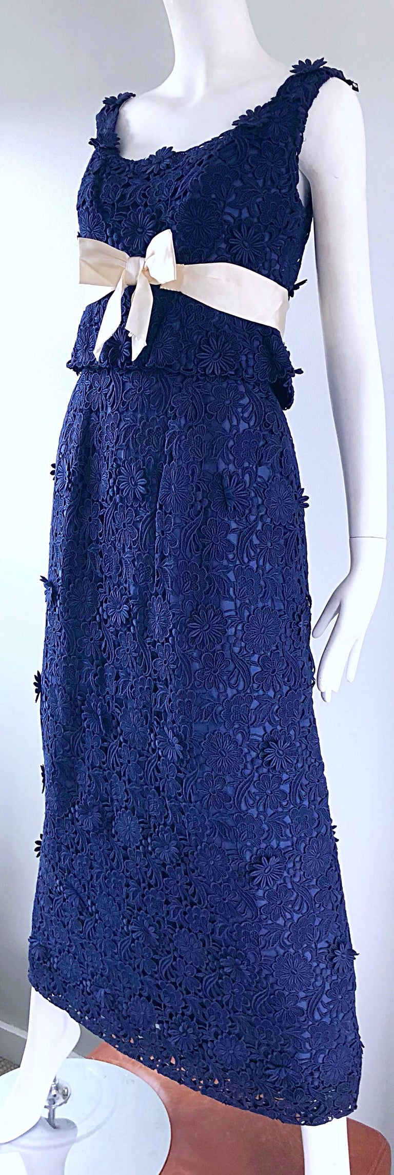 Bob Bugnand Couture 1960s Navy Blue Crochet Lace Vintage 60s Belted Gown For Sale 8