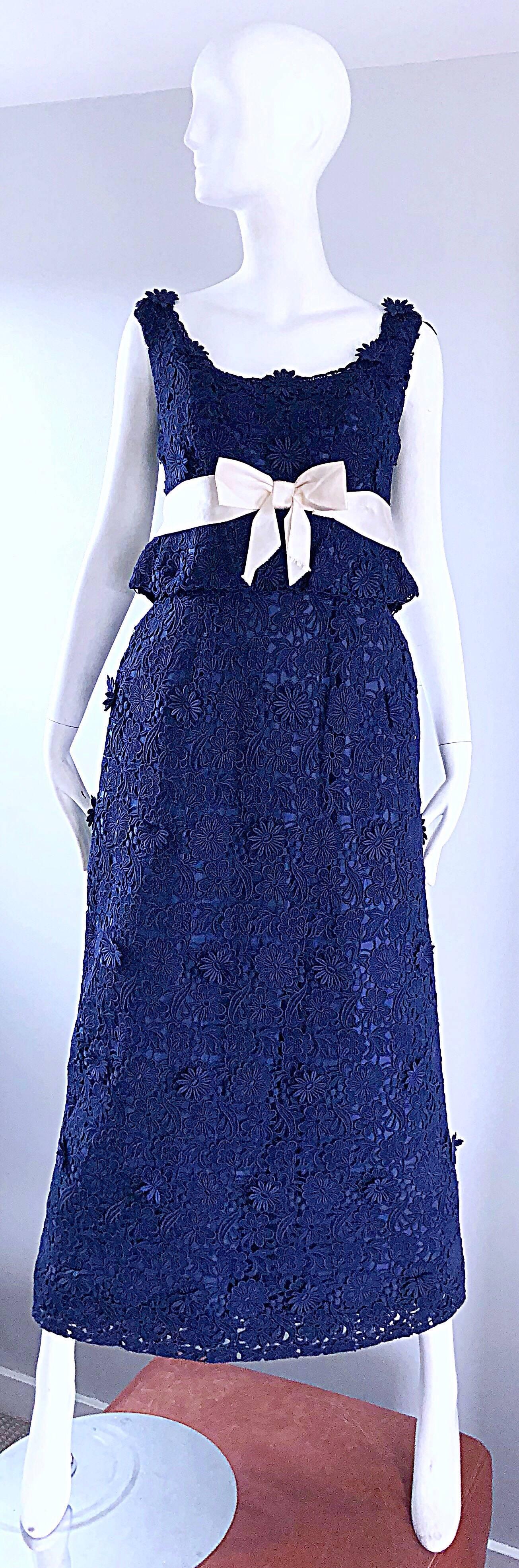 Bob Bugnand Couture 1960s Navy Blue Crochet Lace Vintage 60s Belted Gown For Sale 10