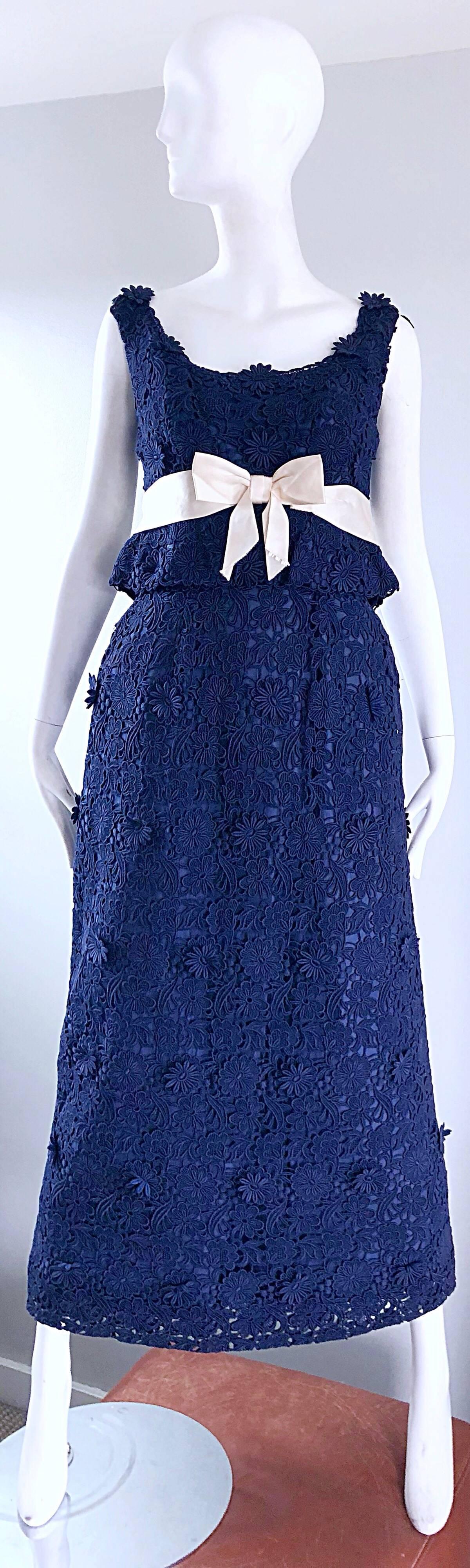 Bob Bugnand Couture 1960s Navy Blue Crochet Lace Vintage 60s Belted Gown For Sale 11