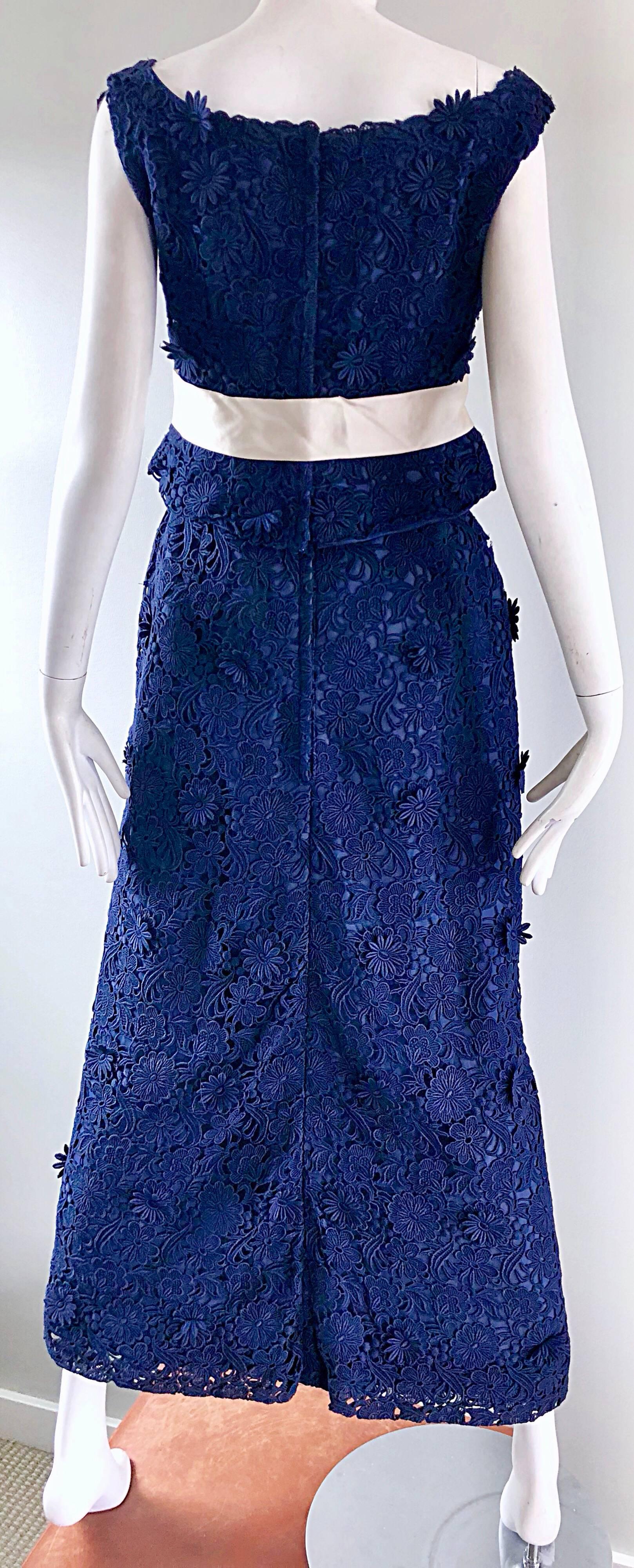 Bob Bugnand Couture 1960s Navy Blue Crochet Lace Vintage 60s Belted Gown For Sale 1