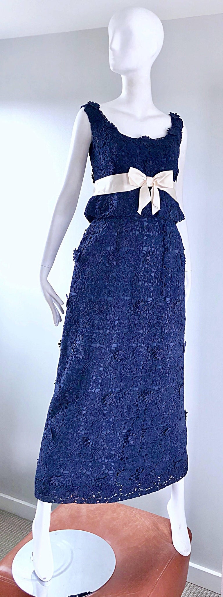 Bob Bugnand Couture 1960s Navy Blue Crochet Lace Vintage 60s Belted Gown For Sale 2