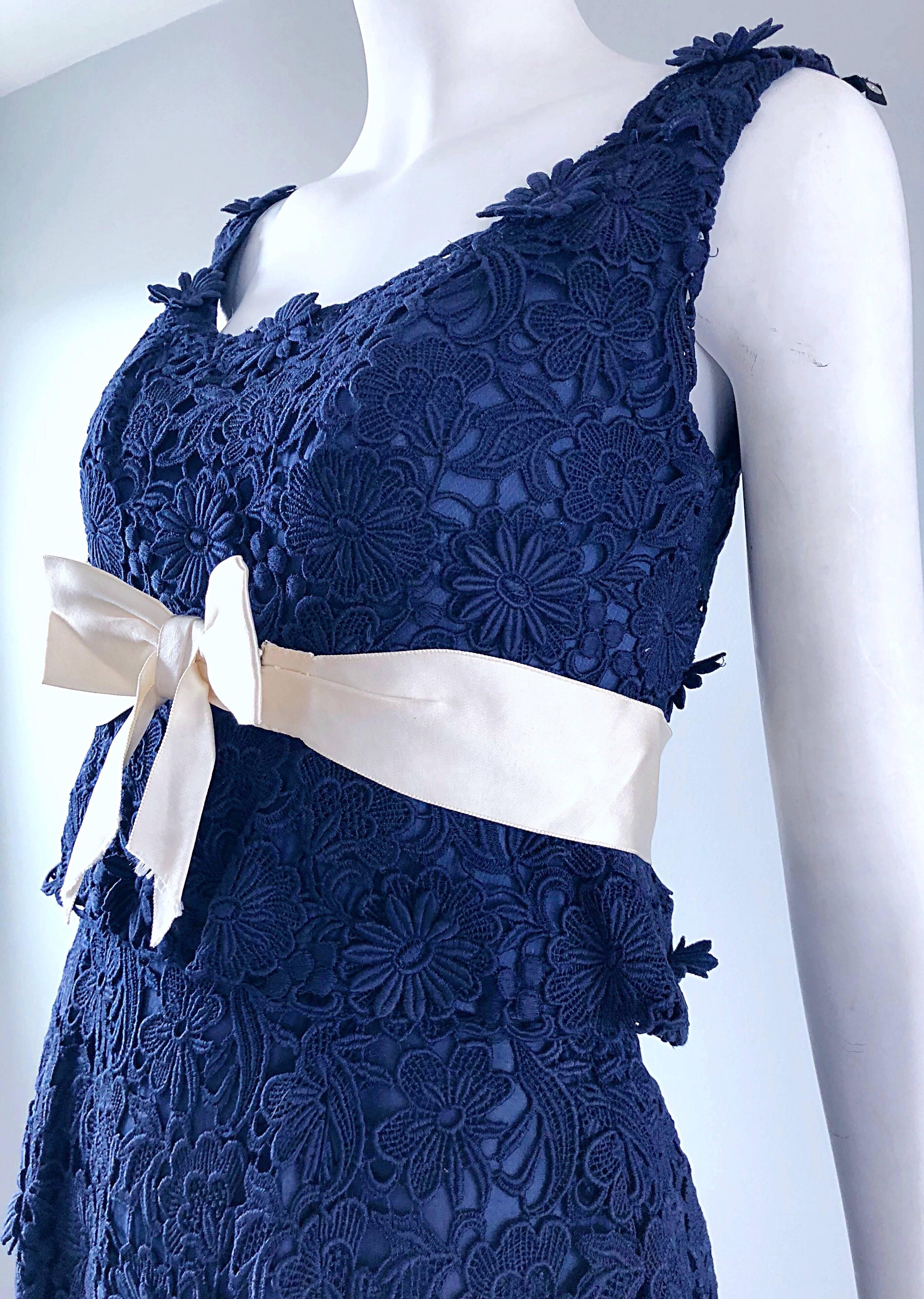 Bob Bugnand Couture 1960s Navy Blue Crochet Lace Vintage 60s Belted Gown For Sale 3