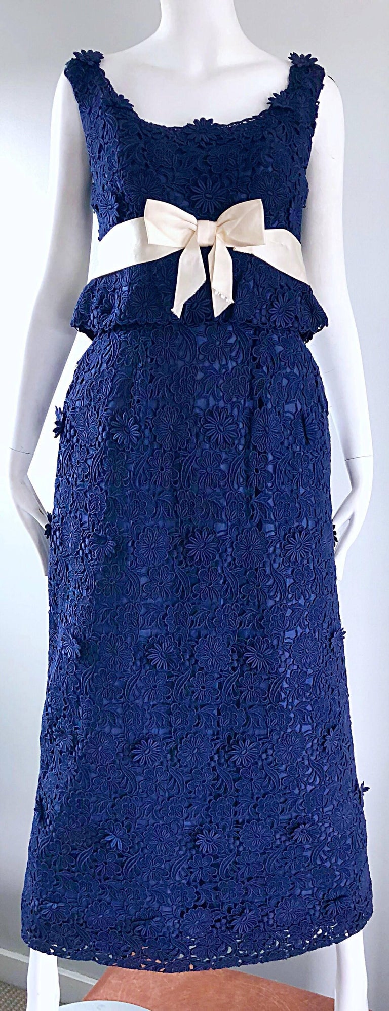 Bob Bugnand Couture 1960s Navy Blue Crochet Lace Vintage 60s Belted Gown For Sale 4