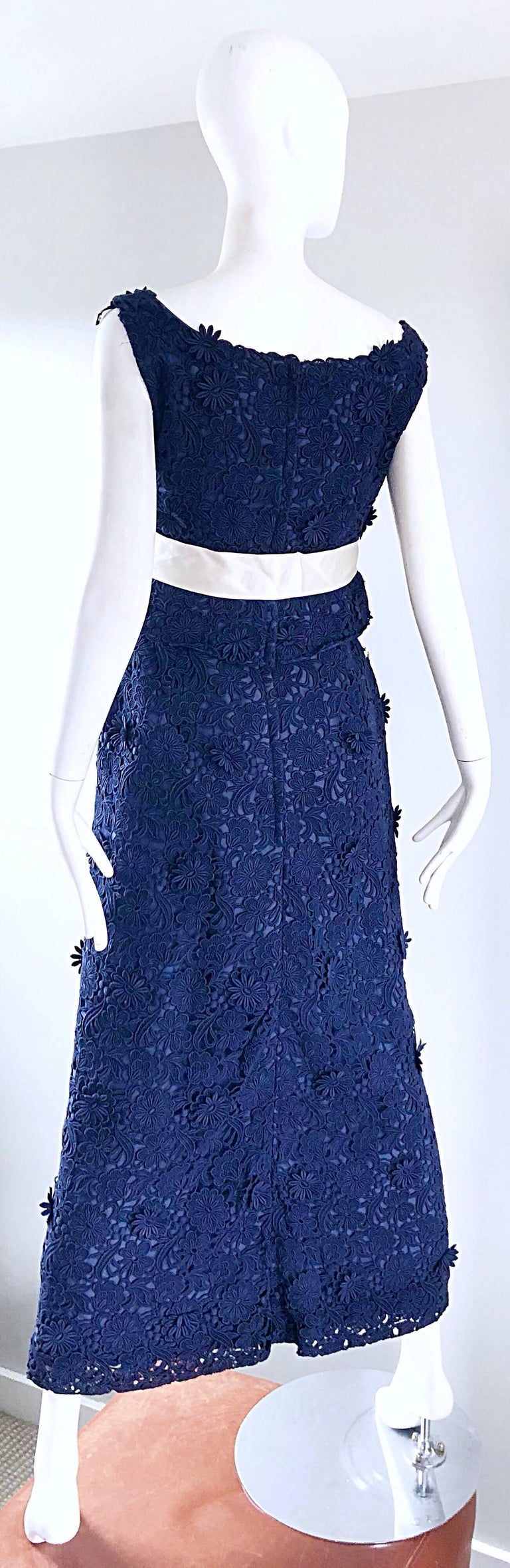 Bob Bugnand Couture 1960s Navy Blue Crochet Lace Vintage 60s Belted Gown For Sale 5