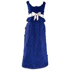Bob Bugnand Couture 1960s Navy Blue Crochet Lace Vintage 60s Belted Gown