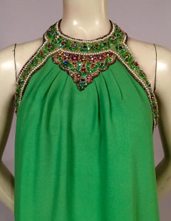 Bob Bugnand Spring Green Jeweled Halter Neck Silk Crepe Dress circa 1970