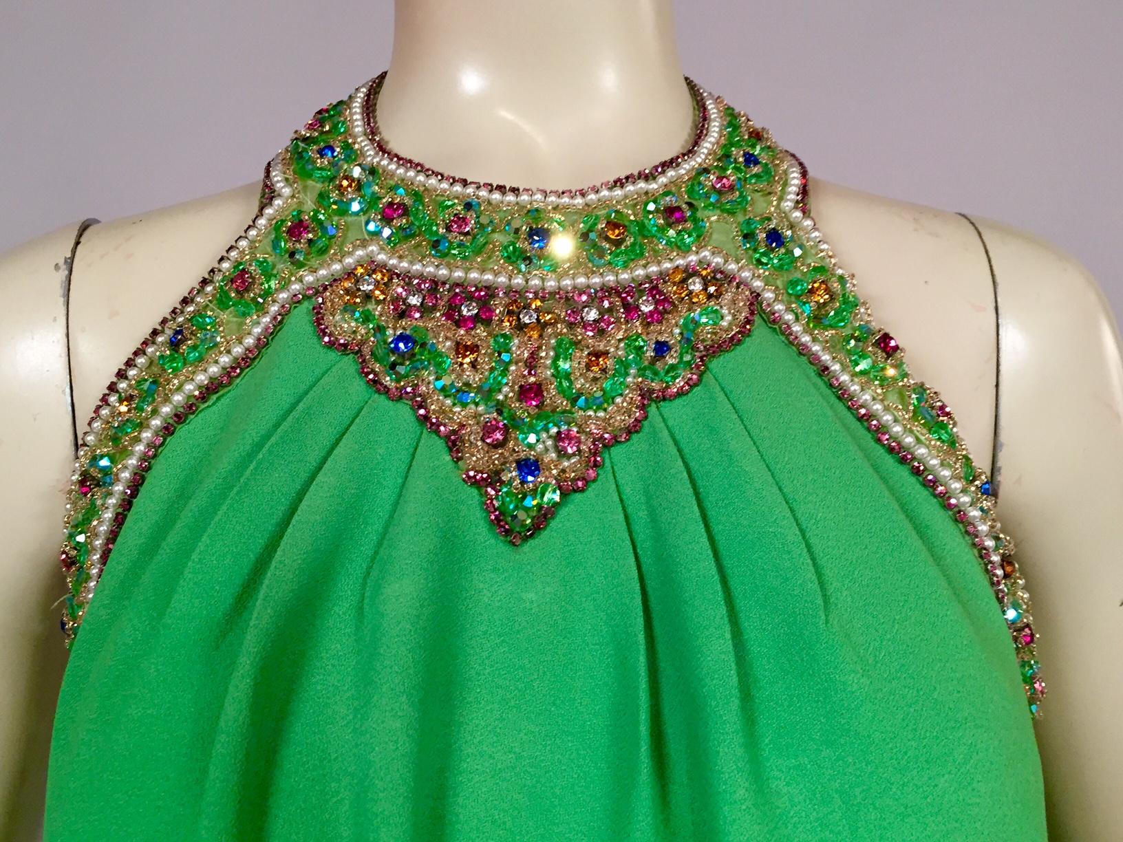 Bob Bugnand Spring Green Jeweled Halter Neck Silk Crepe Dress circa 1970 In Excellent Condition In New Hope, PA