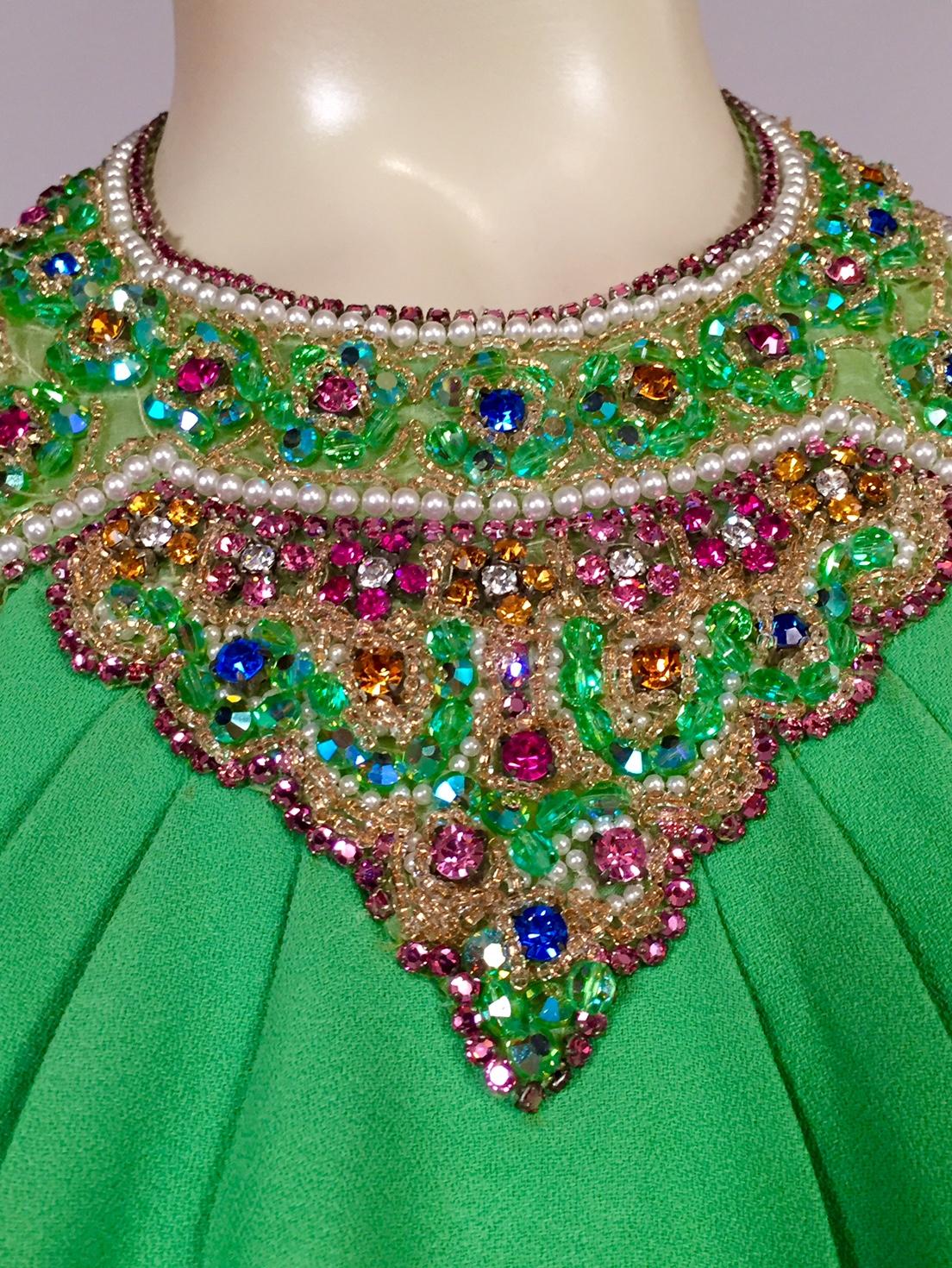 Women's Bob Bugnand Spring Green Jeweled Halter Neck Silk Crepe Dress circa 1970