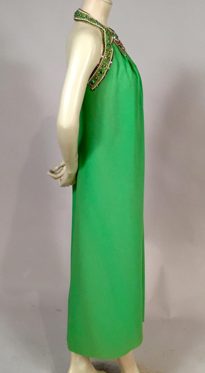 Bob Bugnand Spring Green Jeweled Halter Neck Silk Crepe Dress circa 1970 1