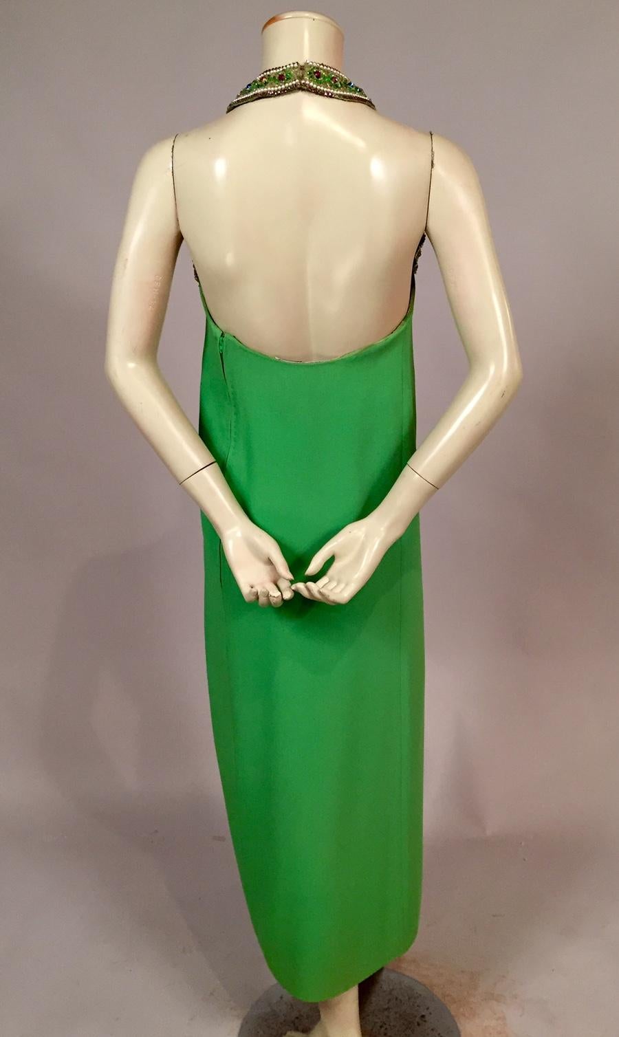 Bob Bugnand Spring Green Jeweled Halter Neck Silk Crepe Dress circa 1970 2