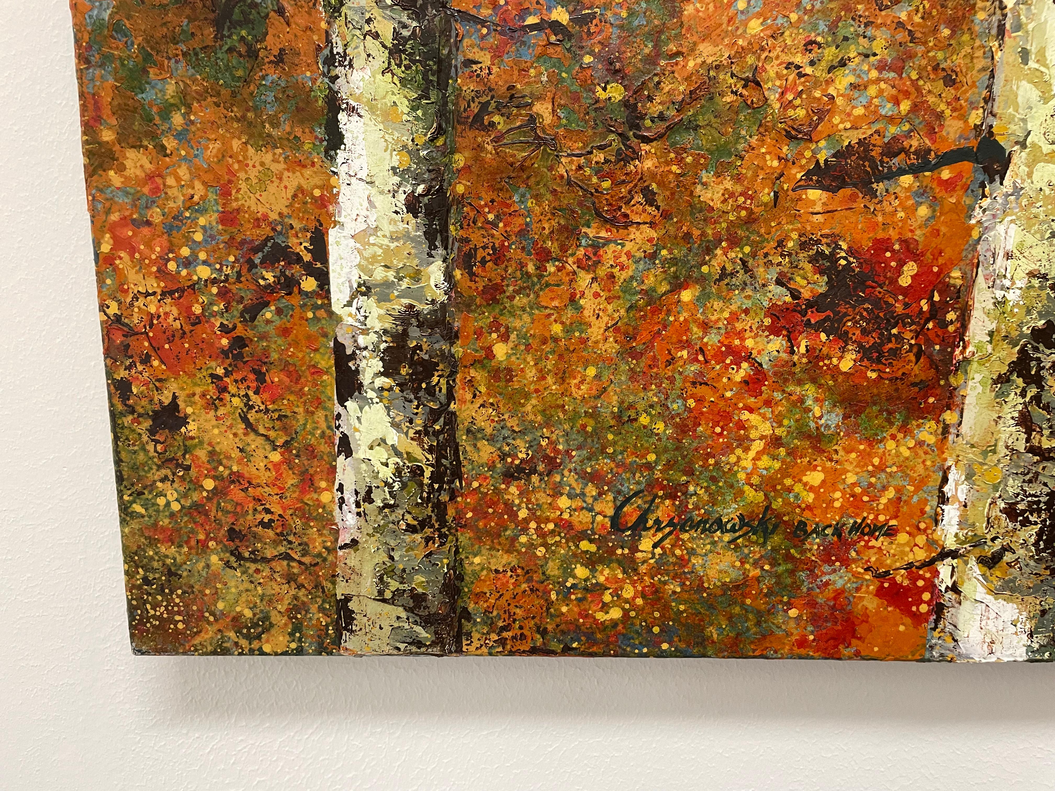 This unique landscape piece by Bob Chrzanowski is an oil on canvas painting, and is 36 x 48 inches. It is priced at $5,000. To produce works such as this one, Chrzanowski developed an oil wash  technique on textured canvas. This allows for larger,