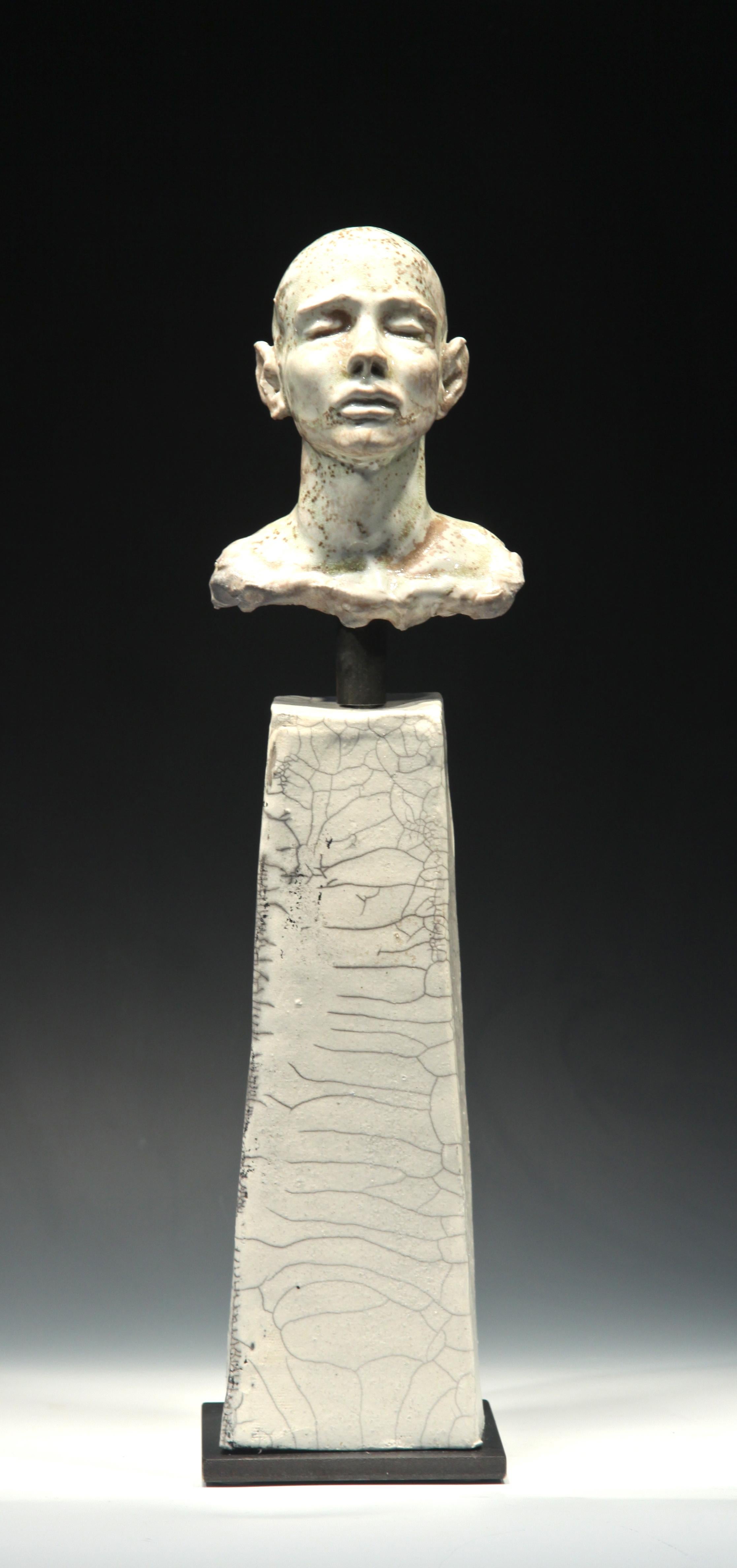 Bob Clyatt Figurative Sculpture - Noborigama Man on Pillar- Eyes Closed