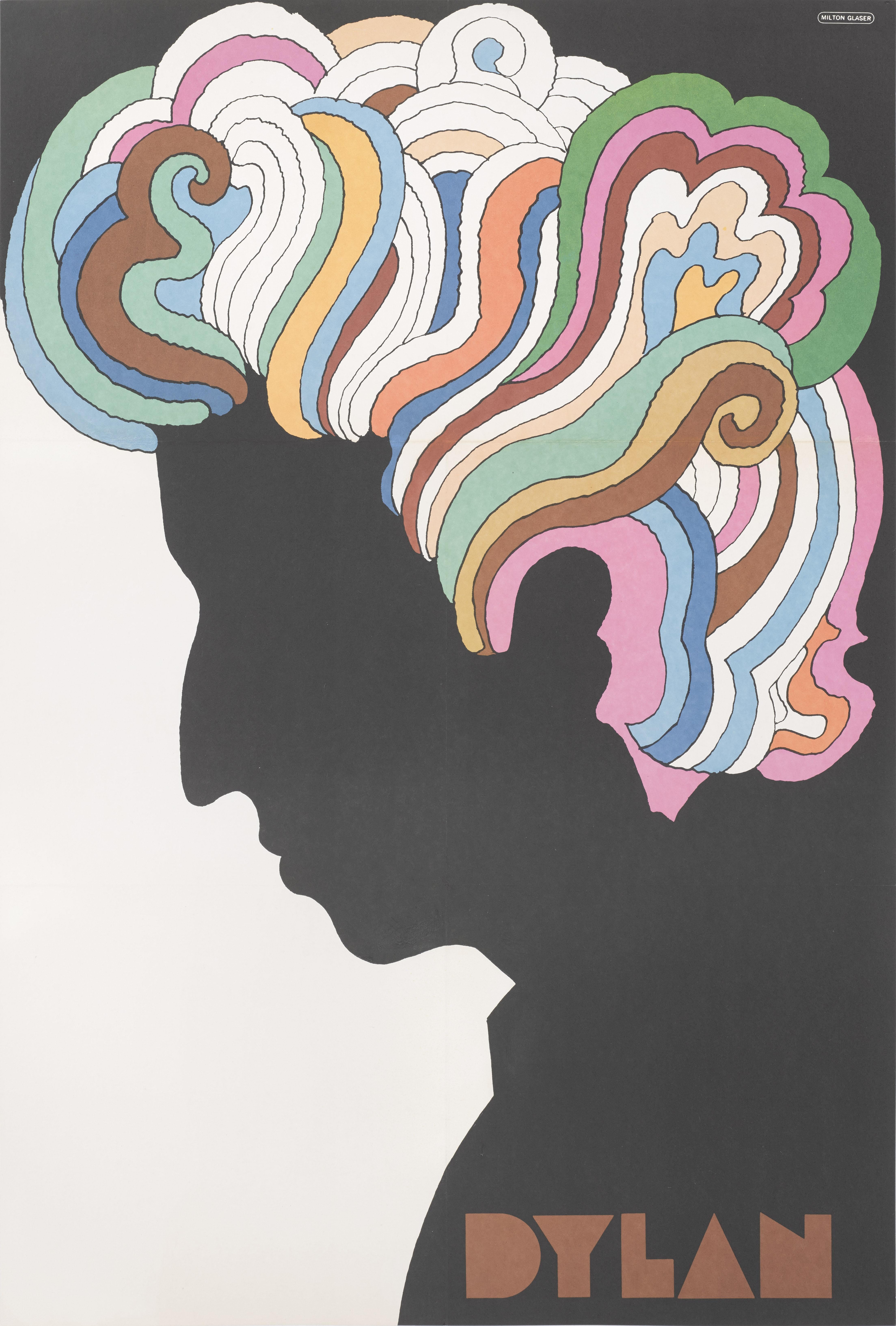 Poster included in Bob Dylan's Greatest Hits album.
This poster was designed by the well known American graphic designer Milton Glaser, who designed many fantastic advertising posters, and is best known for his 'I love New York' logo.
This poster is