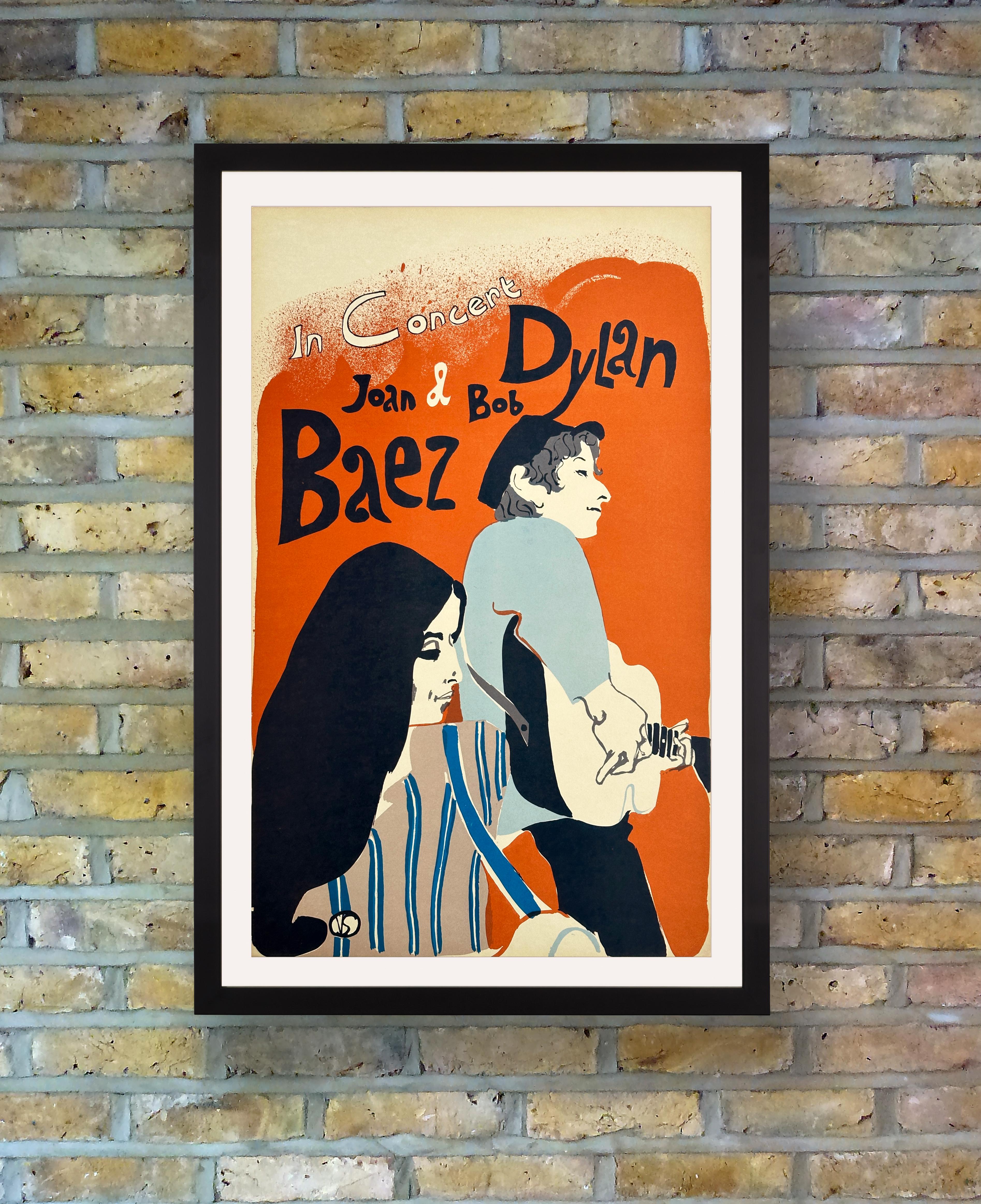 A rare and sought after tour blank poster for Joan Baez and Bob Dylan's brief joint acoustic tour of the US East Coast in March and April 1965. Friend and fellow folk musician Eric Von Schmidt created the painterly design in the spirit of French