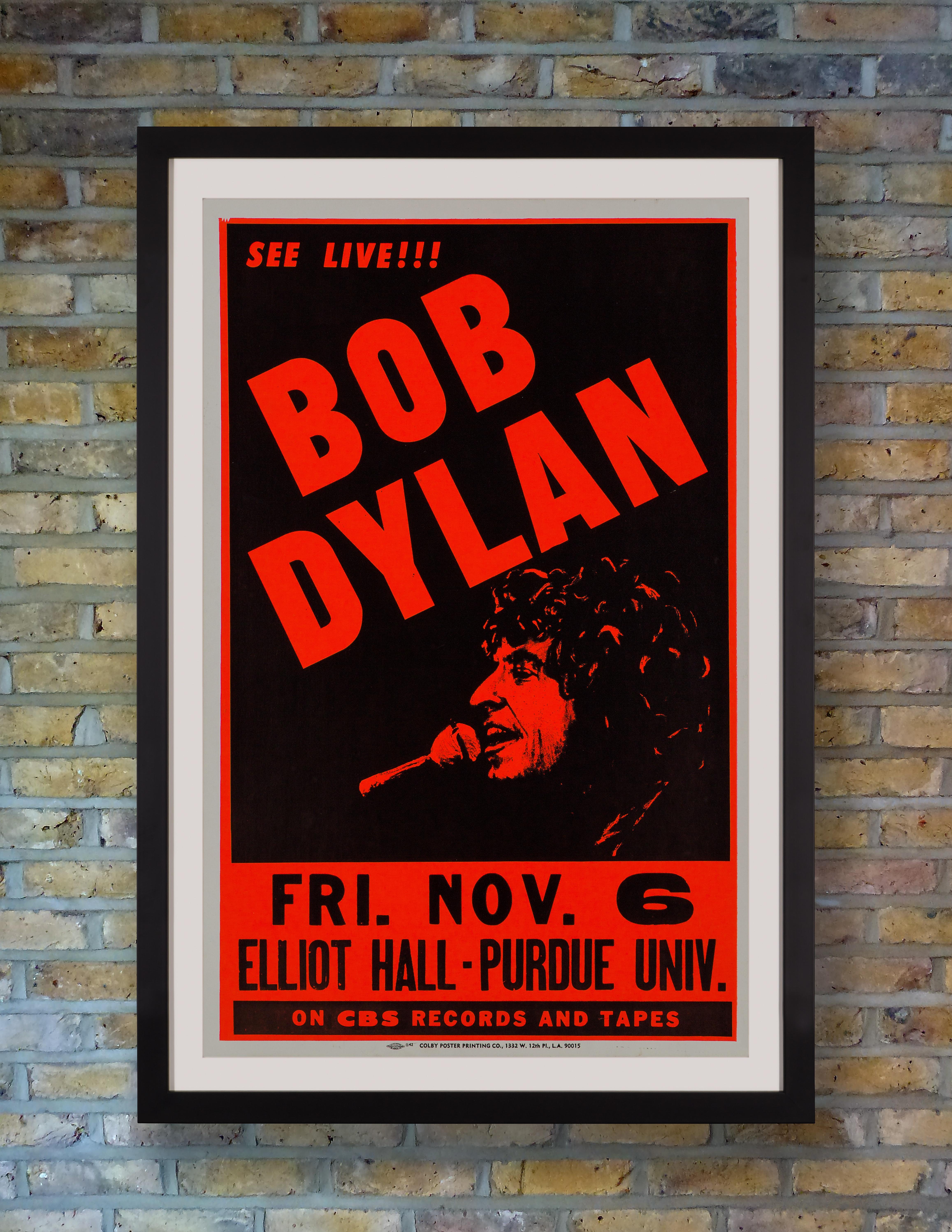A rare boxing-style concert poster for a show by Bob Dylan at Elliot Hall, Purdue University, Lafayette, Indiana on Friday 6th November, 1981, during the North American leg of the Bob Dylan World Tour 1981 in support of his 1981 album 