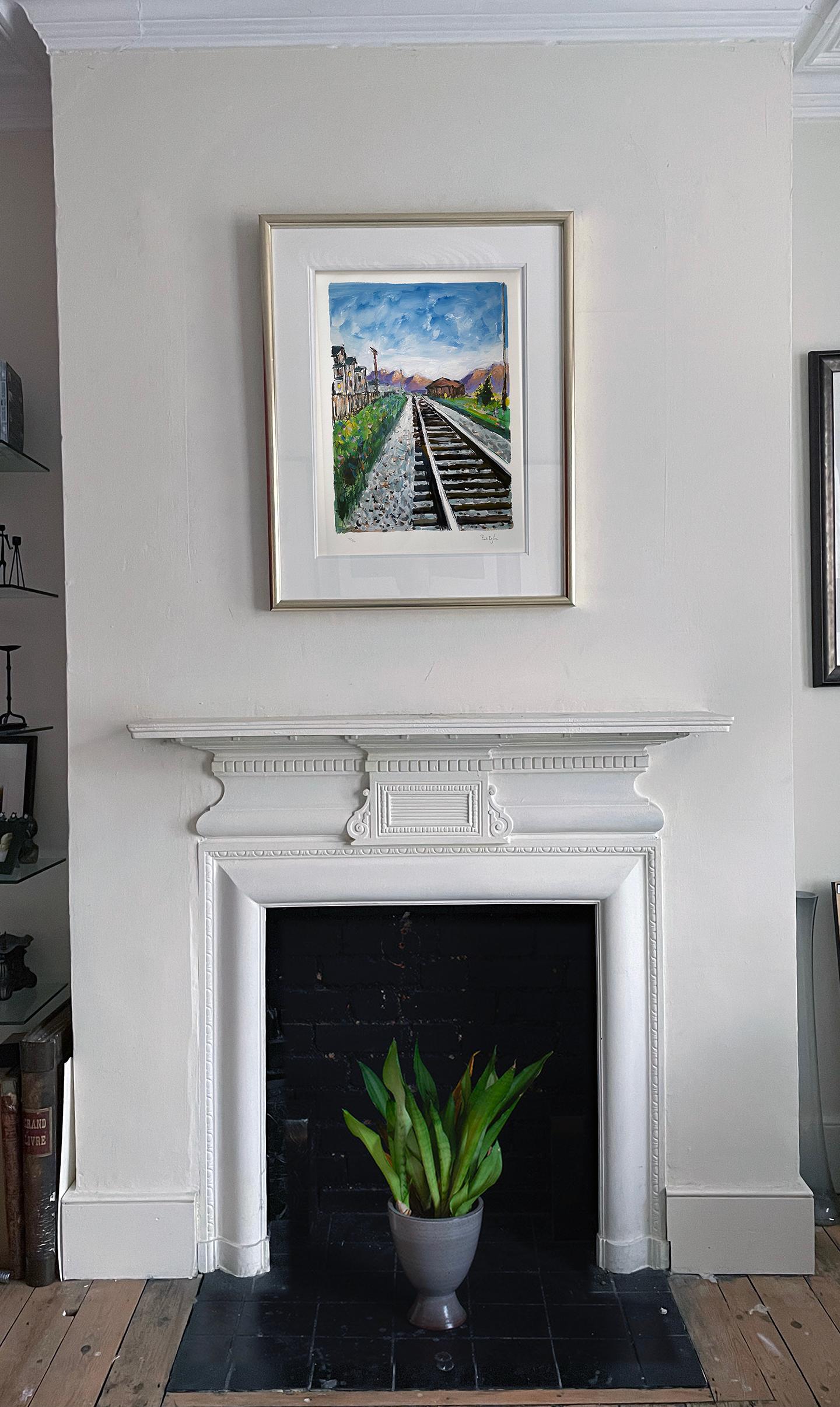 magritte train coming out of fireplace