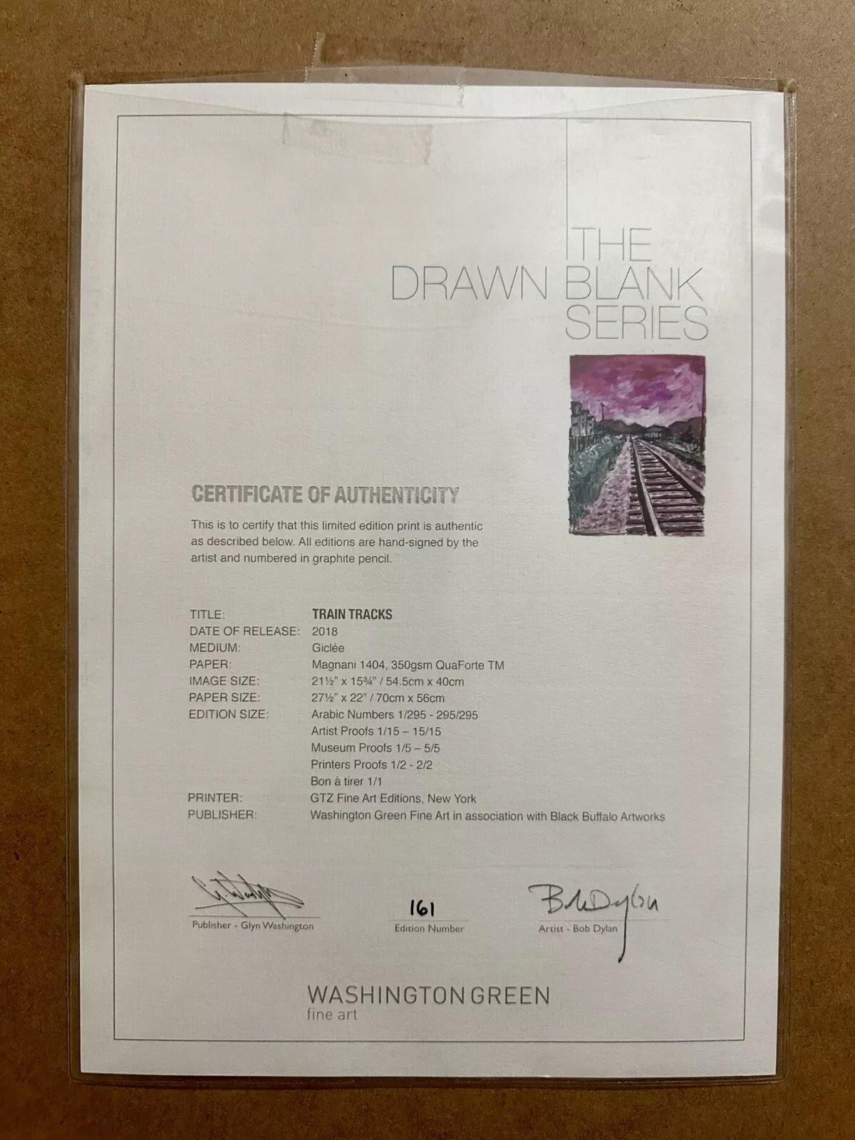 Bob Dylan
Train Tracks, 2018
Giclee on Magnani 1404, 359gsm QuaForte TM
hand-signed and numbered by the artist
Framed: 85 x 68 cm
Sheet: 70 x 56 cm
Image: 54.5 x 40 cm
Edition of 295

Acknowledged as perhaps the most integral and sought-after