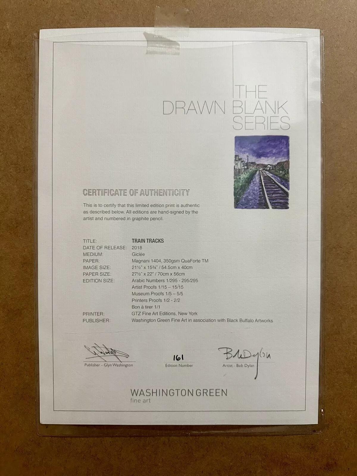 Bob Dylan
Train Tracks, 2018
Giclee on Magnani 1404, 359gsm QuaForte TM
hand-signed and numbered by the artist
Framed: 85 x 68 cm
Sheet: 70 x 56 cm
Image: 54.5 x 40 cm
Edition of 295

Acknowledged as perhaps the most integral and sought-after