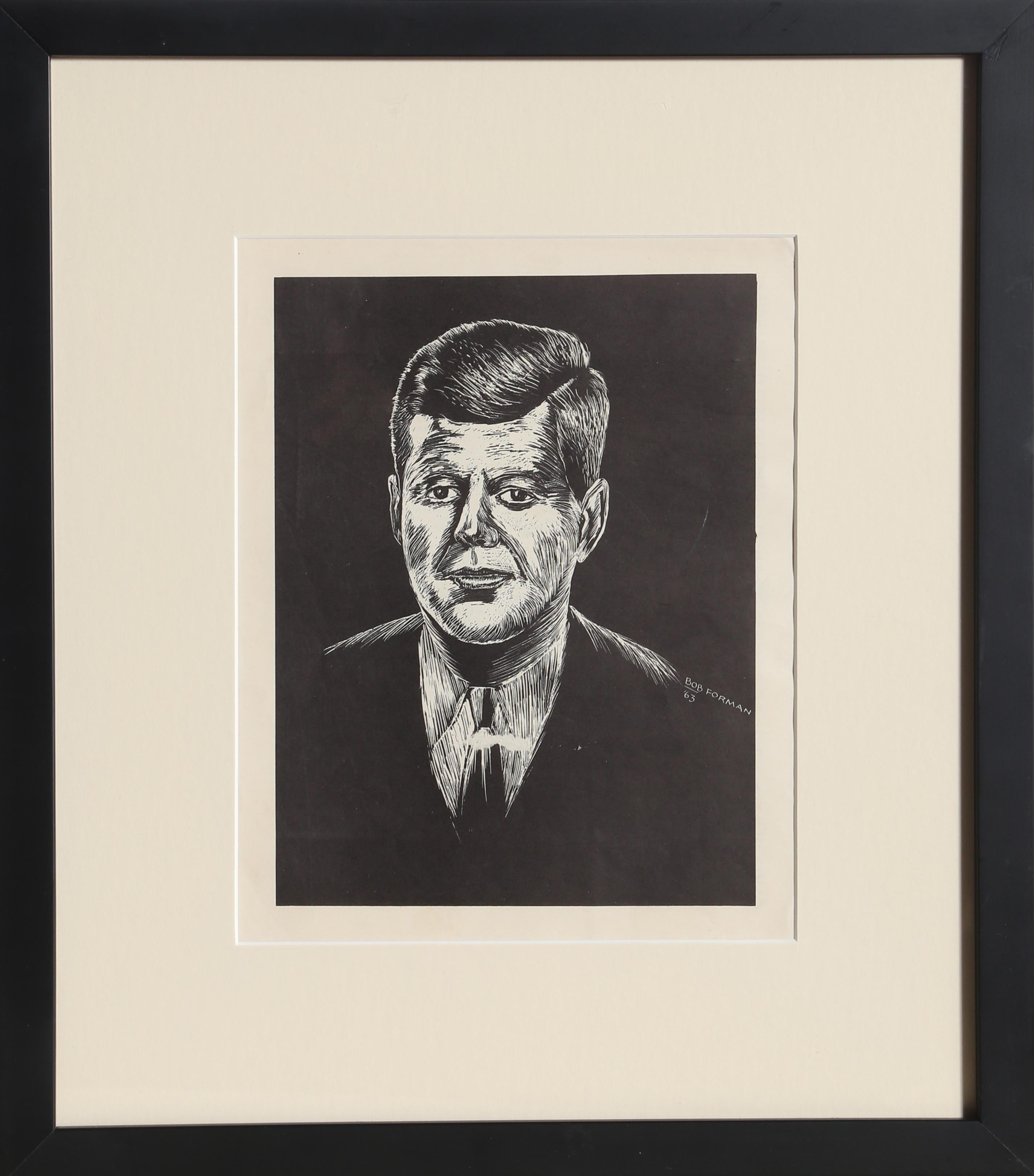 Portrait de JFK, gravure sur bois de Bob Forman