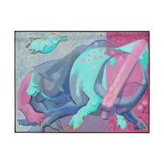 Pittura astratta contemporanea di animali colorati in rosa, viola e blu