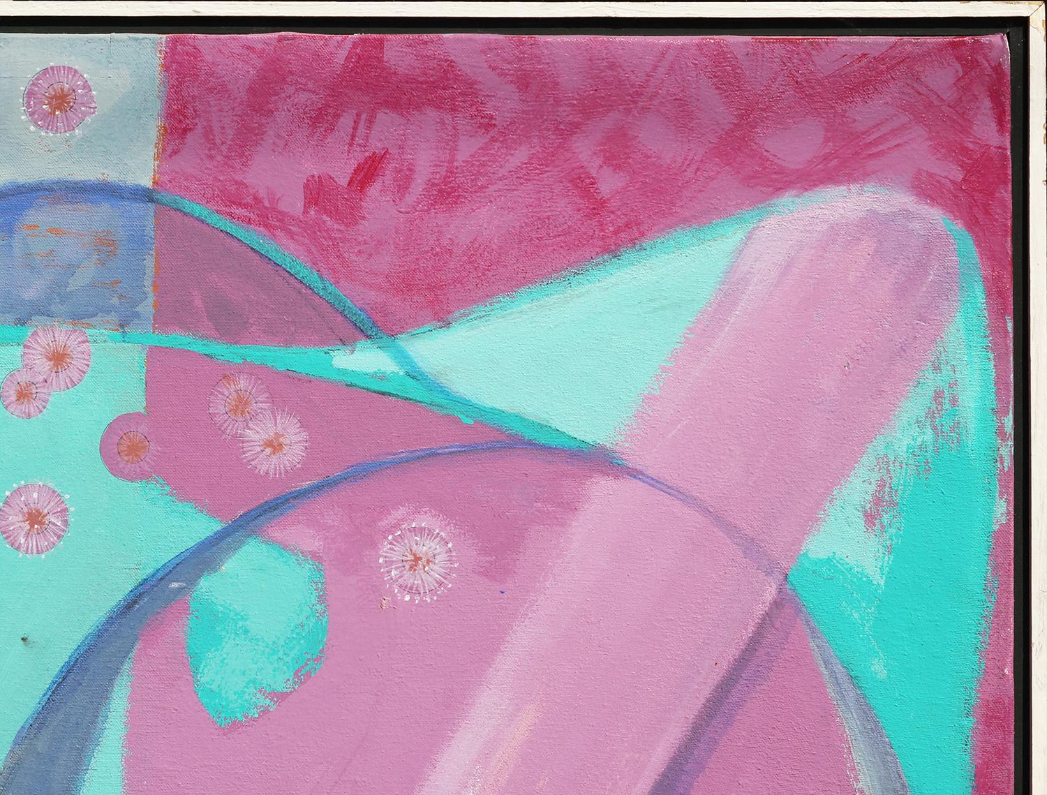 Pink, purple, and blue modern abstract animal painting by Texas artist Bob Fowler. The piece features a colorful abstracted animal, possibly a pig, against a divided pink and purple background. The work is signed and dated in front lower right