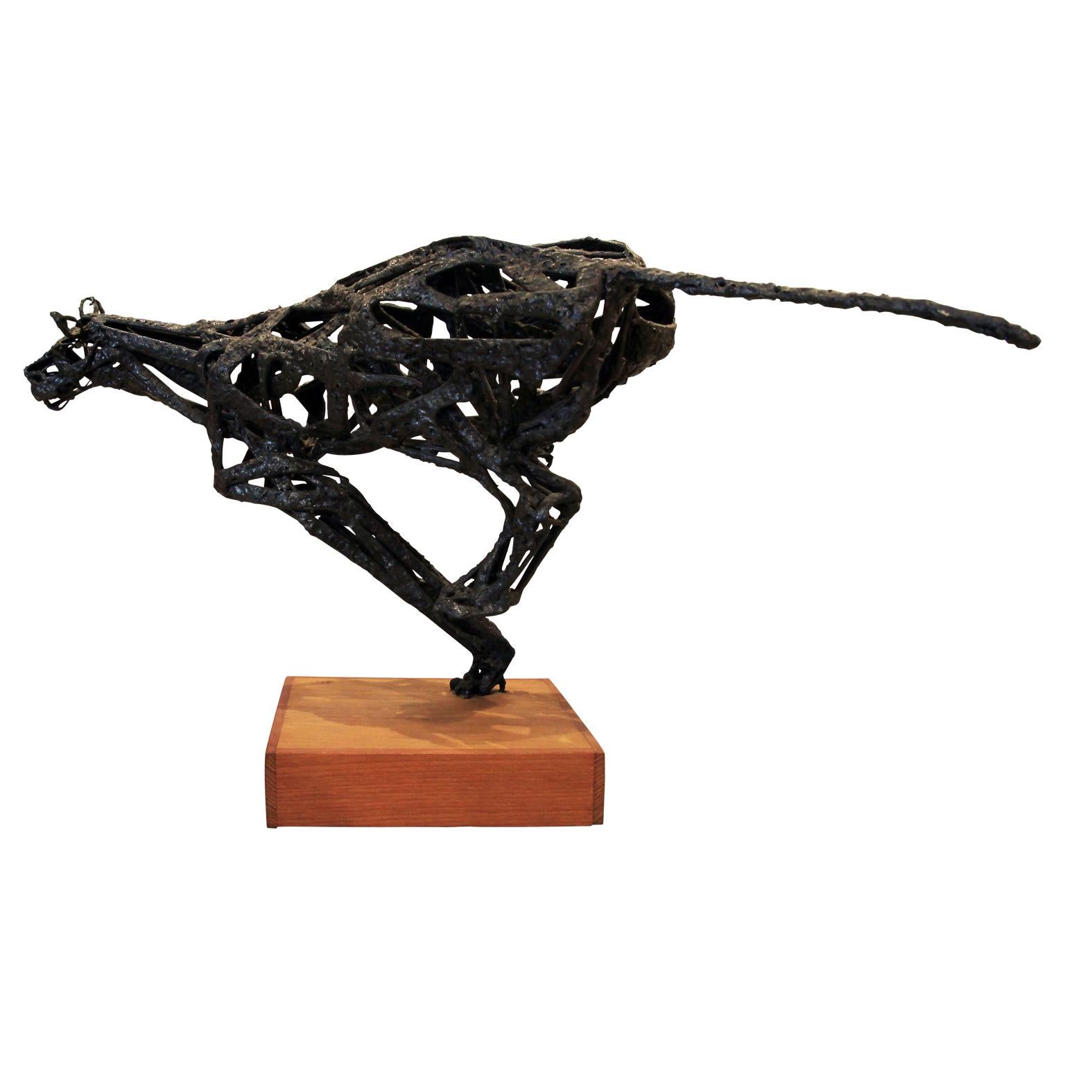 Bob Fowler Figurative Sculpture - Modern Brutalist Metal Abstract Running Jaguar Sculpture on a Wooden Base