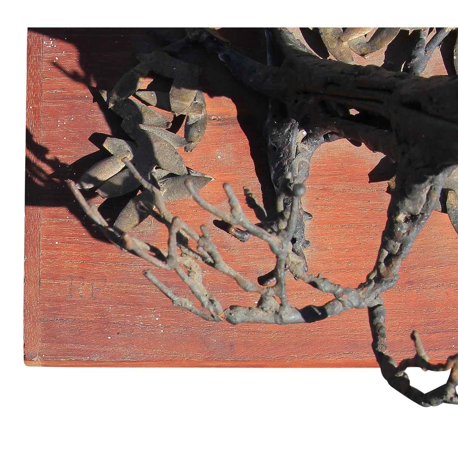 Modern Brutalist Metal Abstract Withered Tree Sculpture on a Wooden Base - Brown Still-Life Sculpture by Bob Fowler