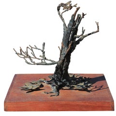 Vintage Modern Brutalist Metal Abstract Withered Tree Sculpture on a Wooden Base