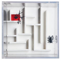 Scultura moderna surrealista a tecnica mista con mosca e labirinto di alberi con custodia in lucite