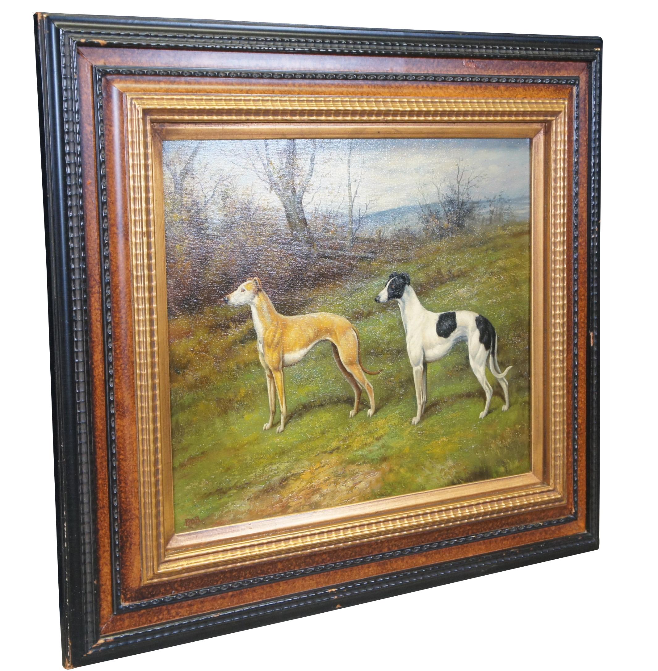 Vintage landscape portrait oil painting on canvas featuring a pair of Greyhound / Whippet dogs standing in the field with view of the countryside.  Signed lower left Bob.  Framed in ebonized, burled gold frame.

Dimensions:
31.5