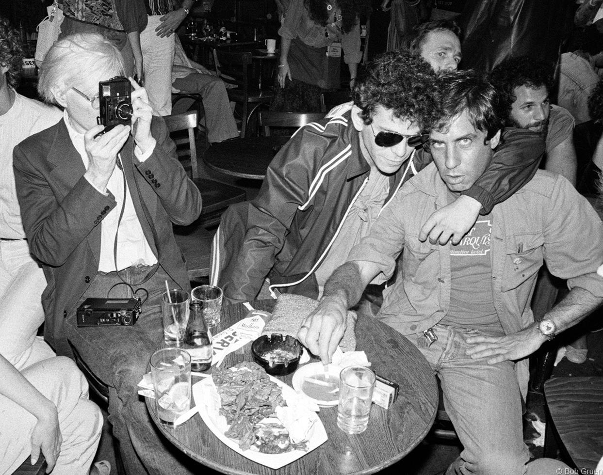 Bob Gruen Black and White Photograph - Andy Warhol, Lou Reed & Danny Fields, NYC, 1978