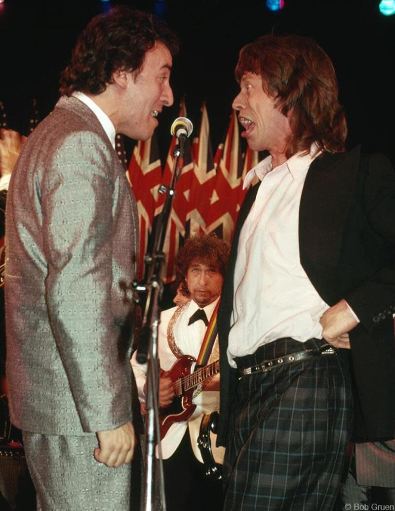 Bob Gruen Color Photograph – Bruce Springsteen, Bob Dylan, Mick Jagger, NYC 1988
