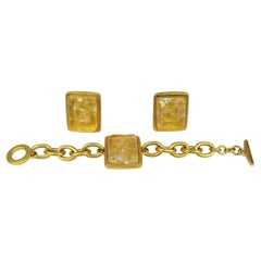 Juego de pulsera y pendientes de cristal moteado dorado Bob House Años 90