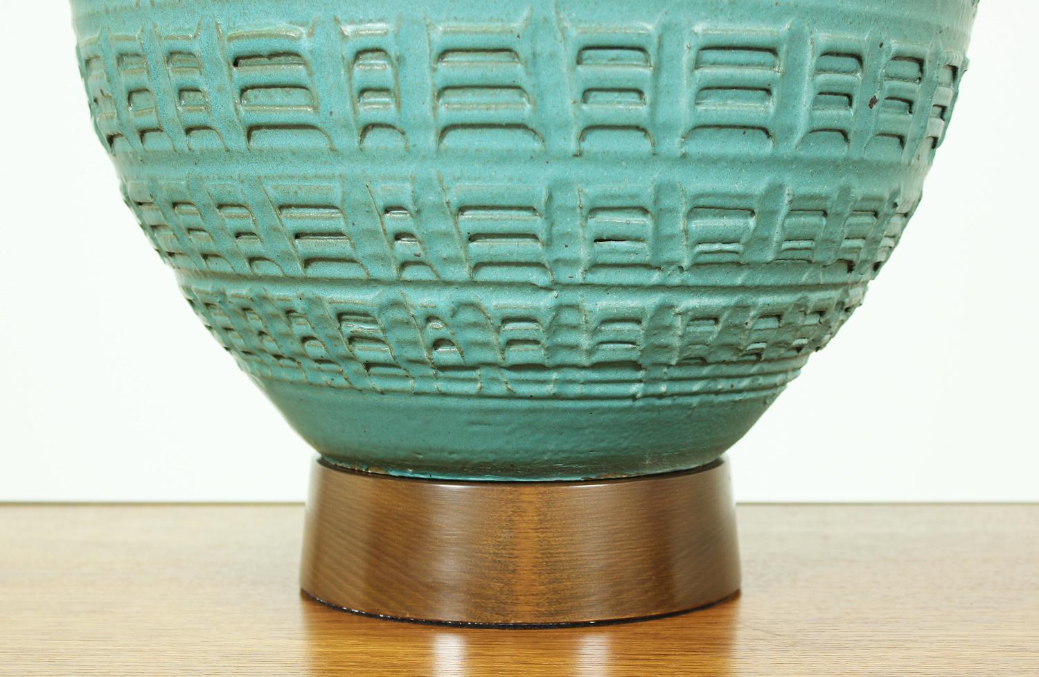 Brass Bob Kinzie “N-Series” Glazed Teal Ceramic Table Lamp for Affiliated Craftsmen
