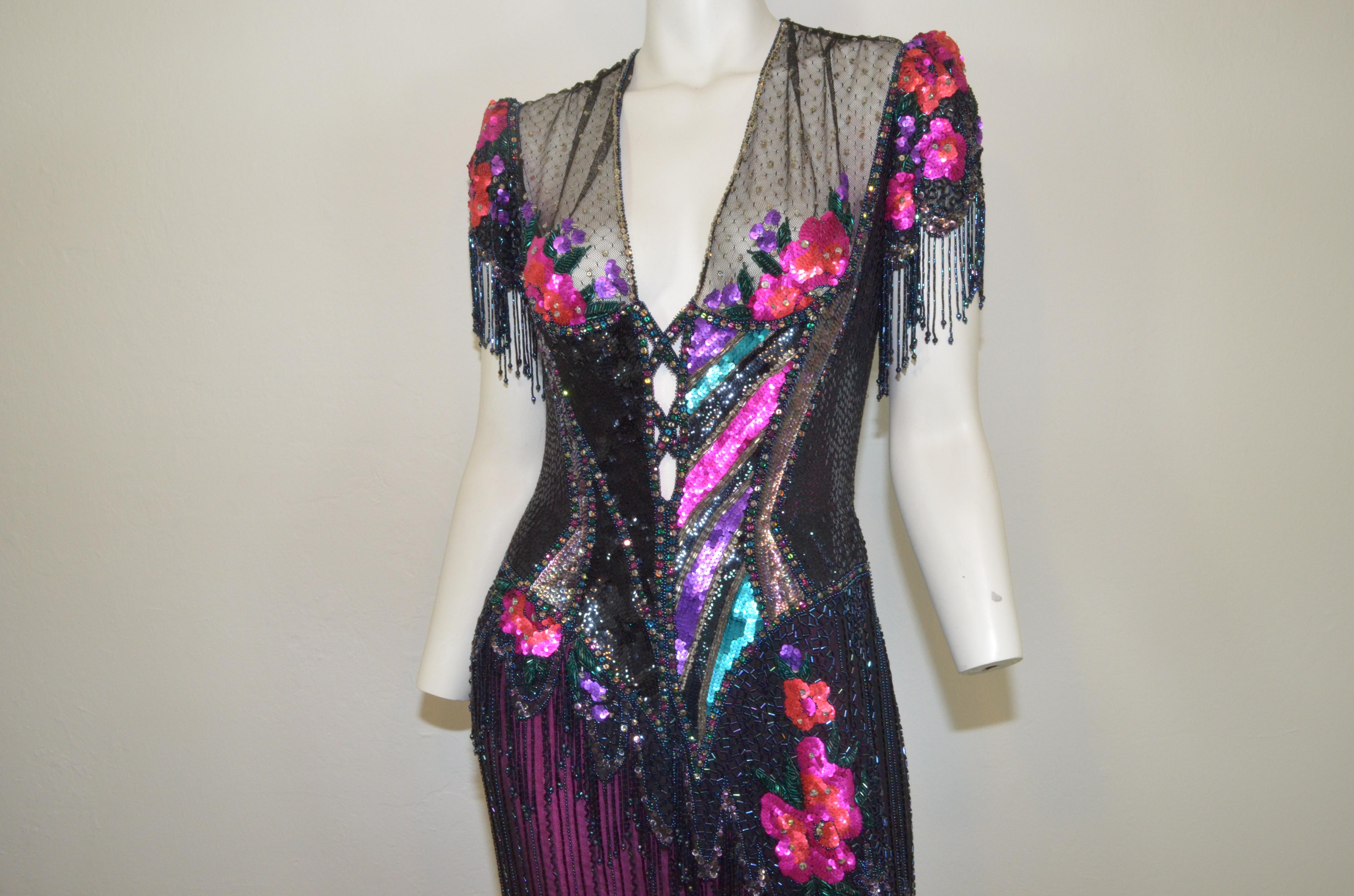 Black Bob Mackie 1970's Fringe Beaded Embellished Dress