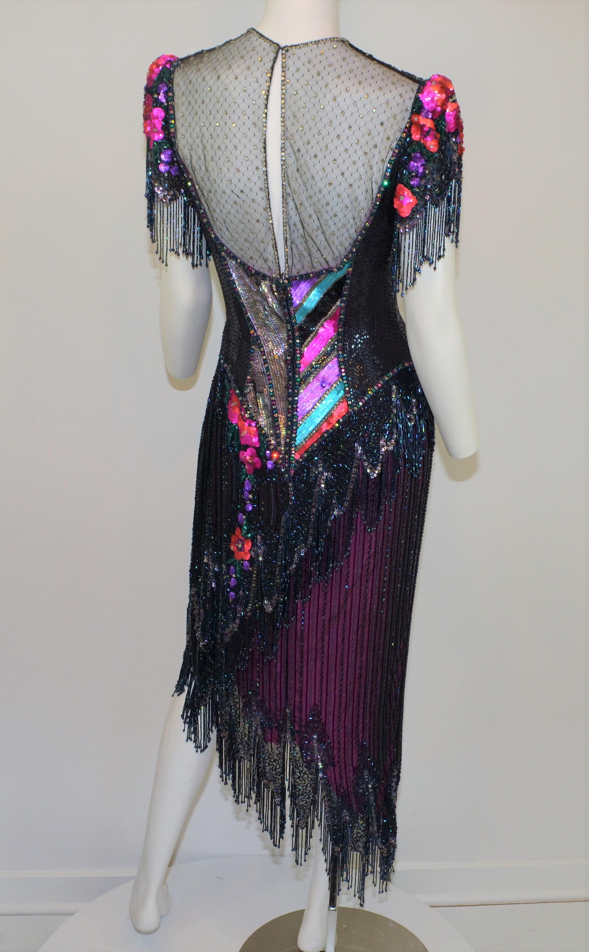 Bob Mackie 1970's Fringe Beaded Embellished Dress In Excellent Condition In Carmel, CA