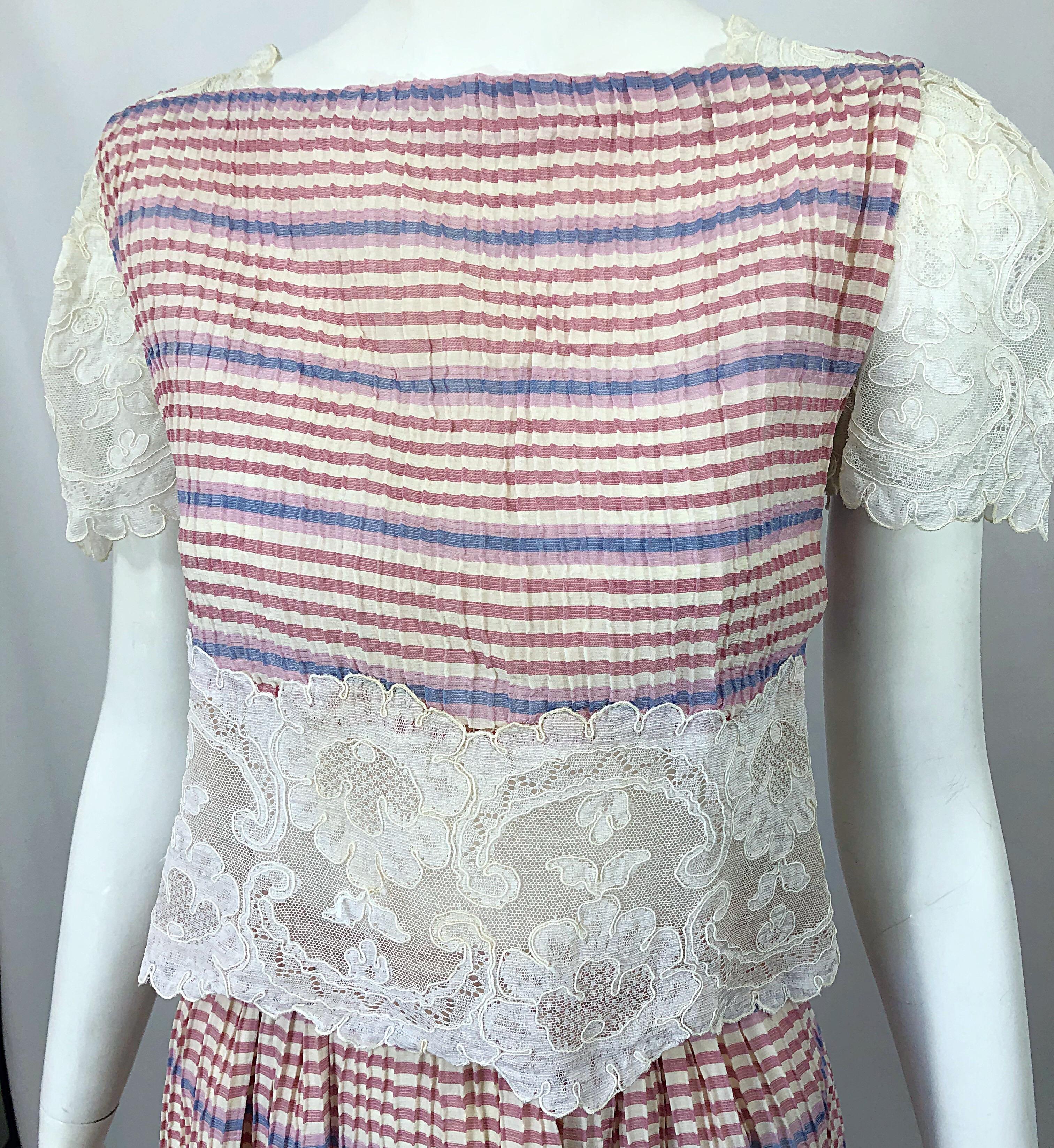 Bob Mackie 1970s Stripes Size 4 Silk + Lace Vintage 70s Crop Top and Skirt Dress For Sale 5