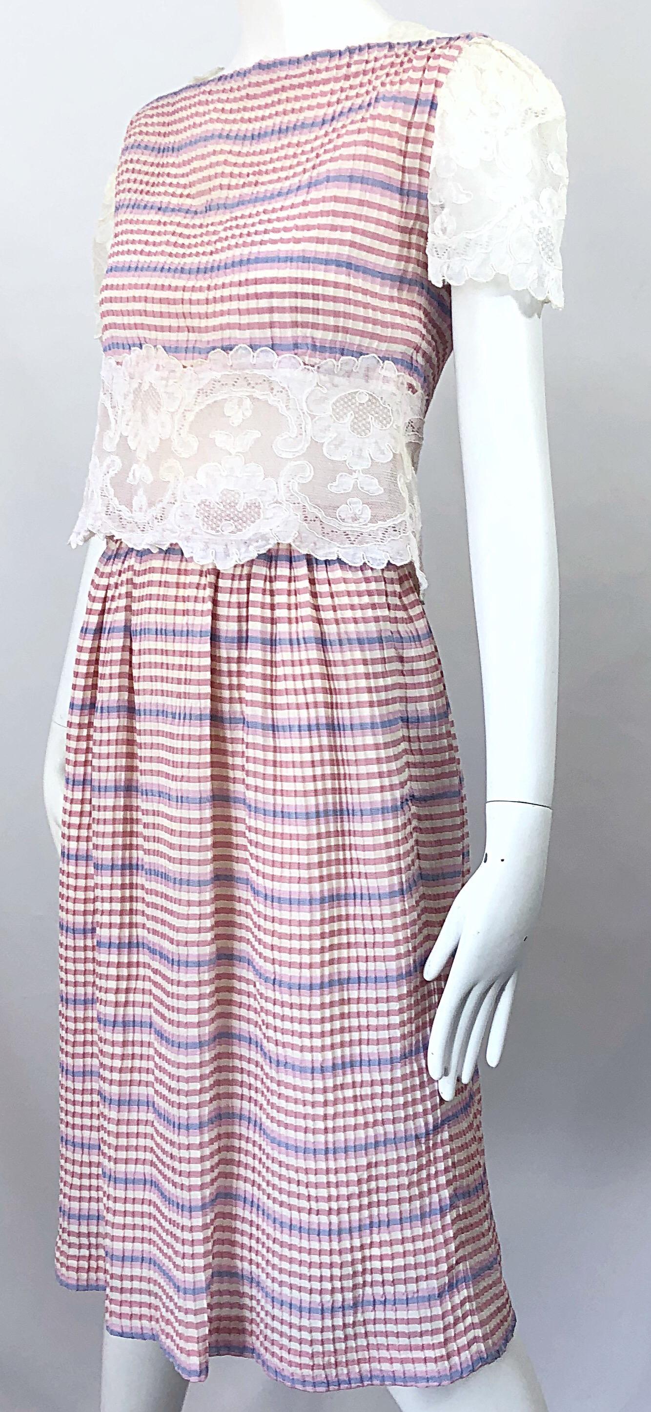 Bob Mackie 1970s Stripes Size 4 Silk + Lace Vintage 70s Crop Top and Skirt Dress For Sale 6