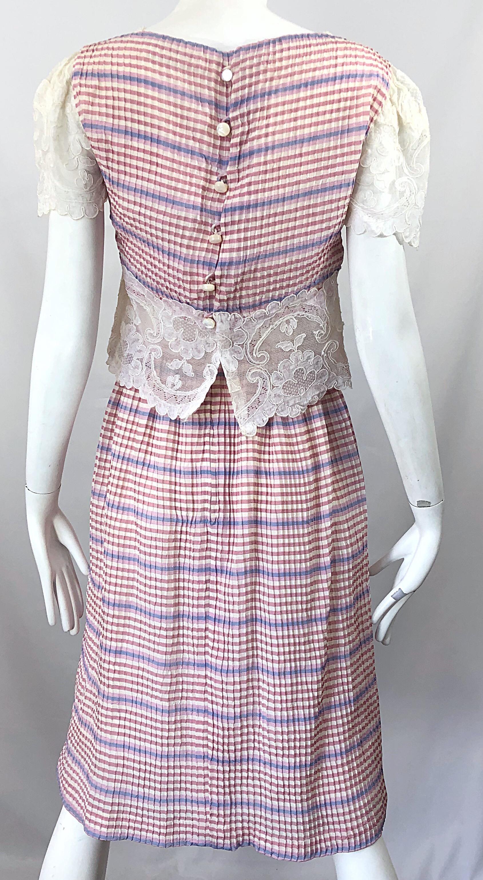 Bob Mackie 1970s Stripes Size 4 Silk + Lace Vintage 70s Crop Top and Skirt Dress For Sale 7