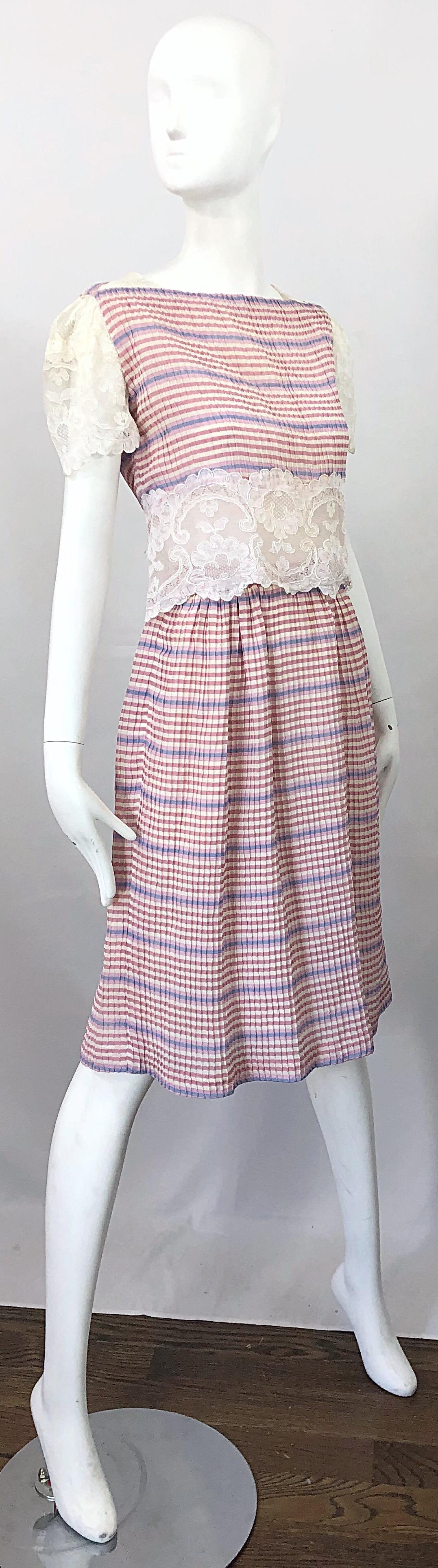 Bob Mackie 1970s Stripes Size 4 Silk + Lace Vintage 70s Crop Top and Skirt Dress For Sale 8