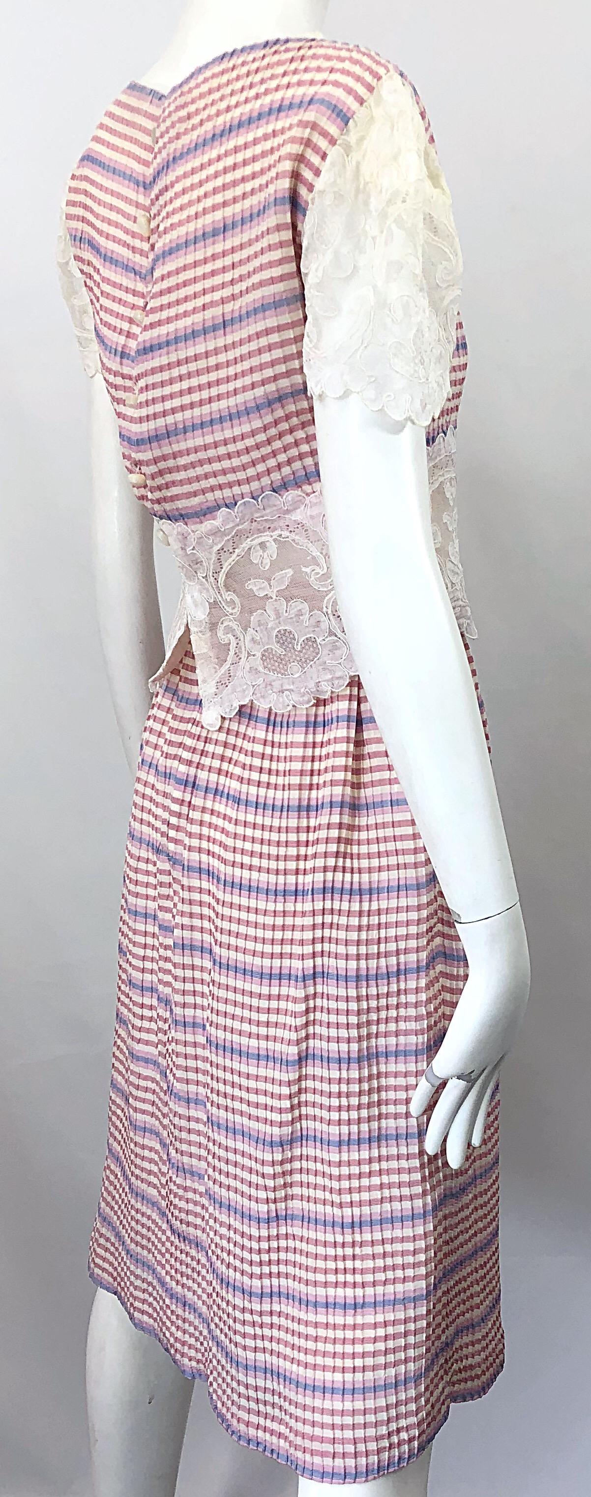 Bob Mackie 1970s Stripes Size 4 Silk + Lace Vintage 70s Crop Top and Skirt Dress For Sale 9