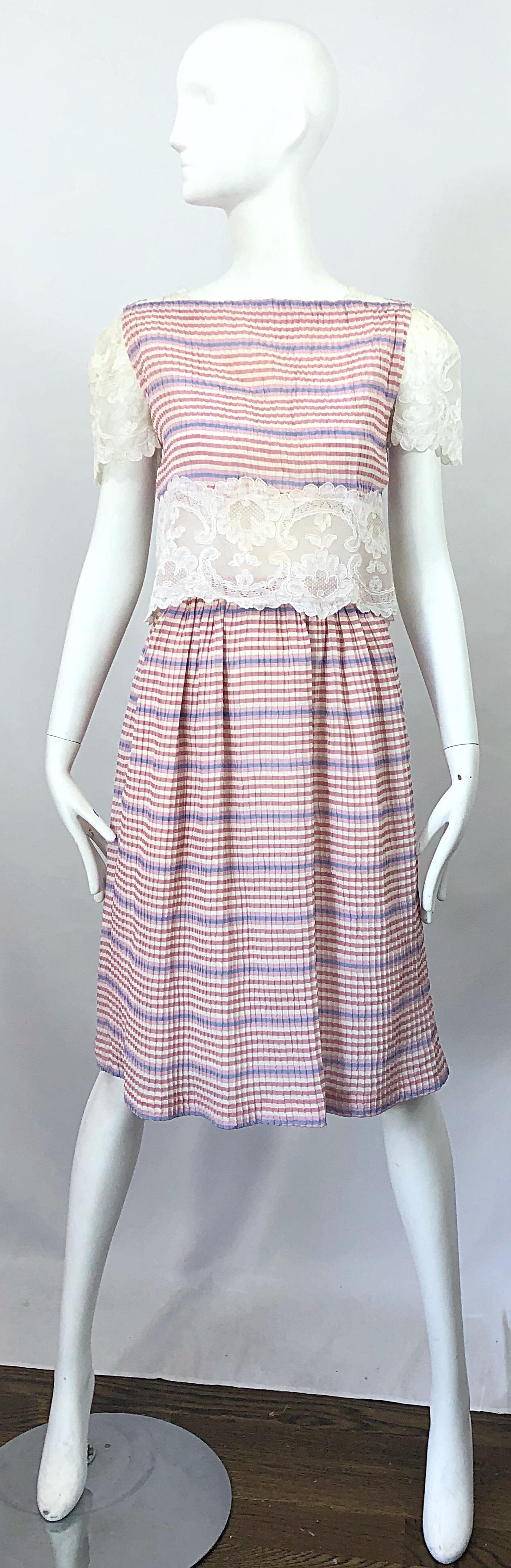 Bob Mackie 1970s Stripes Size 4 Silk + Lace Vintage 70s Crop Top and Skirt Dress For Sale 11
