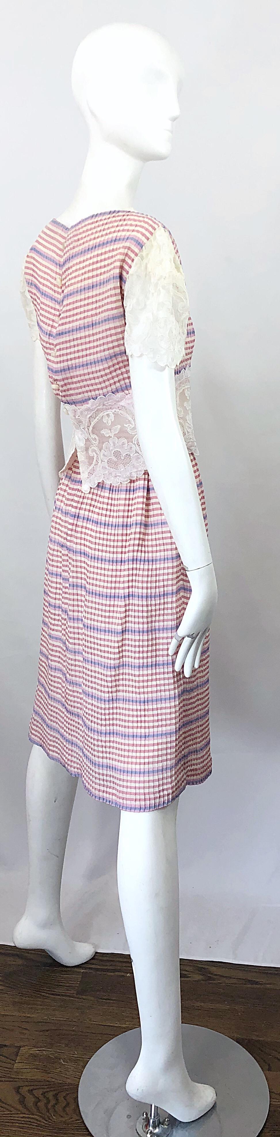 Bob Mackie 1970s Stripes Size 4 Silk + Lace Vintage 70s Crop Top and Skirt Dress In Excellent Condition For Sale In San Diego, CA