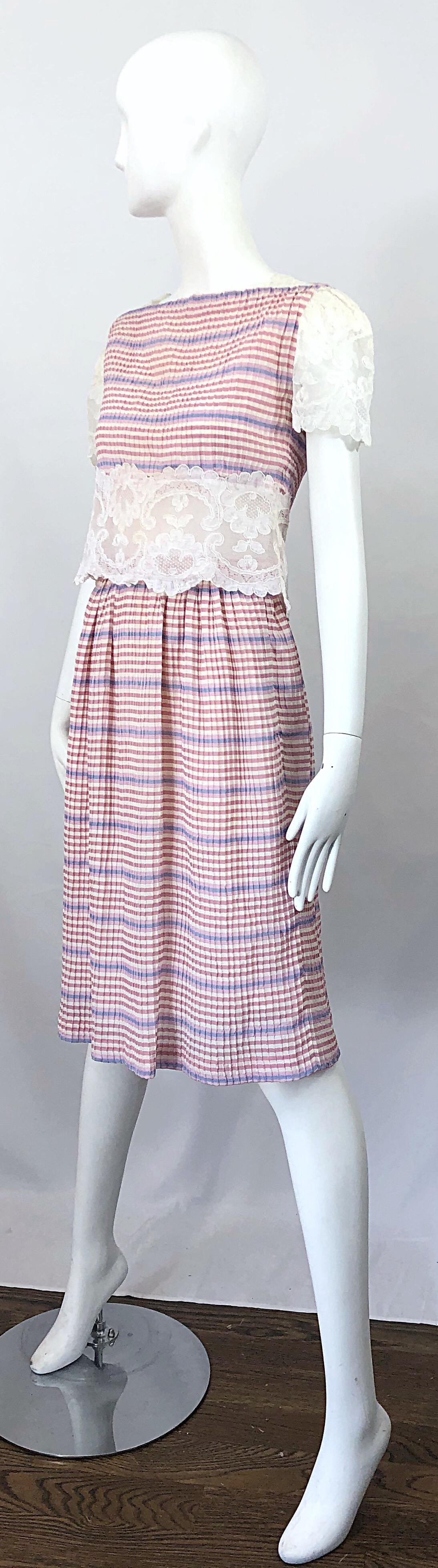 Women's Bob Mackie 1970s Stripes Size 4 Silk + Lace Vintage 70s Crop Top and Skirt Dress For Sale