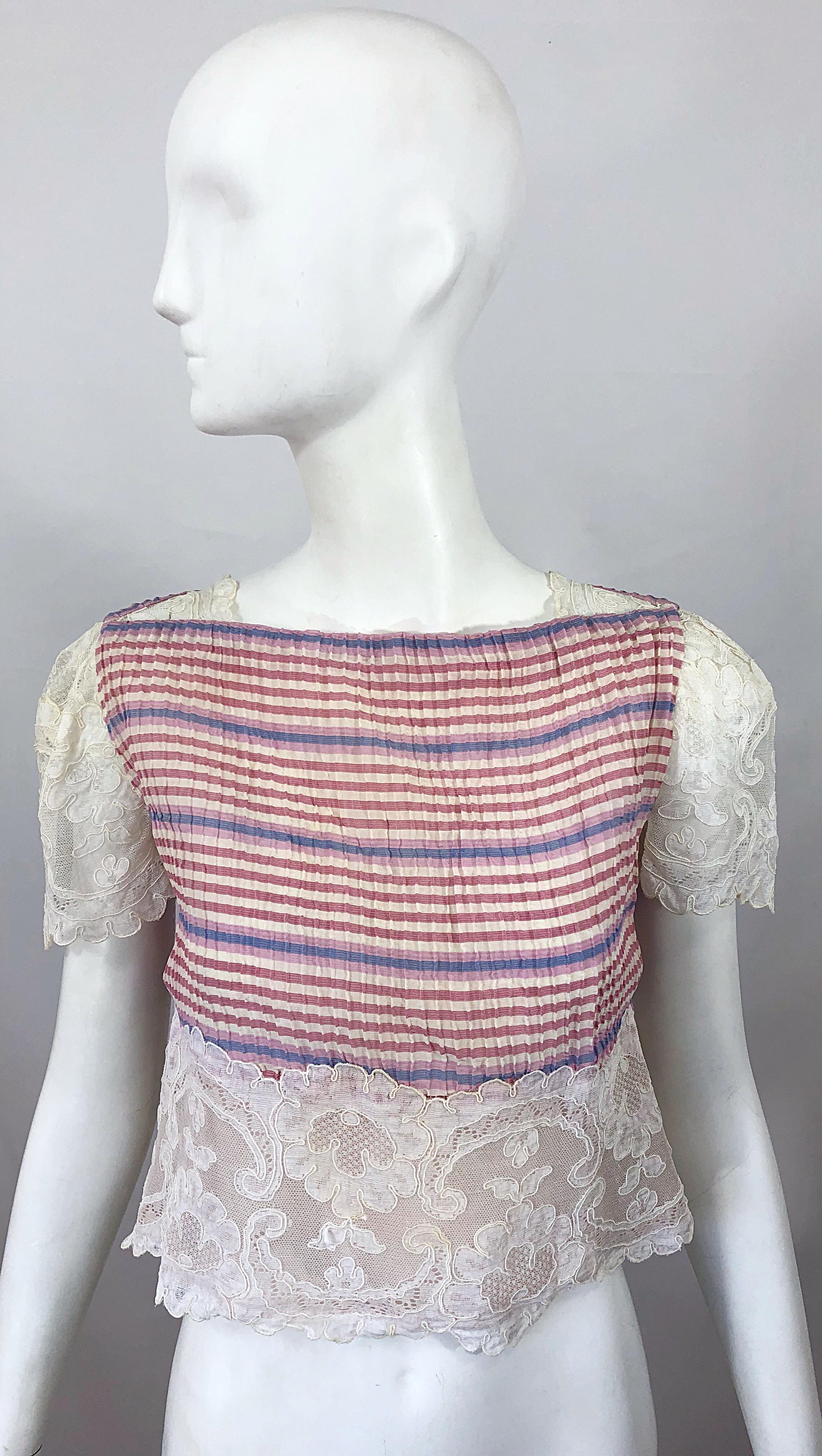 Bob Mackie 1970s Stripes Size 4 Silk + Lace Vintage 70s Crop Top and Skirt Dress For Sale 1