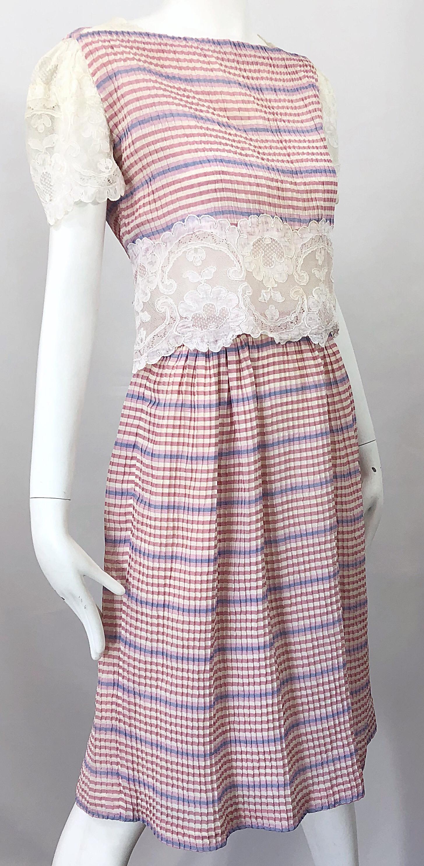 Bob Mackie 1970s Stripes Size 4 Silk + Lace Vintage 70s Crop Top and Skirt Dress For Sale 2